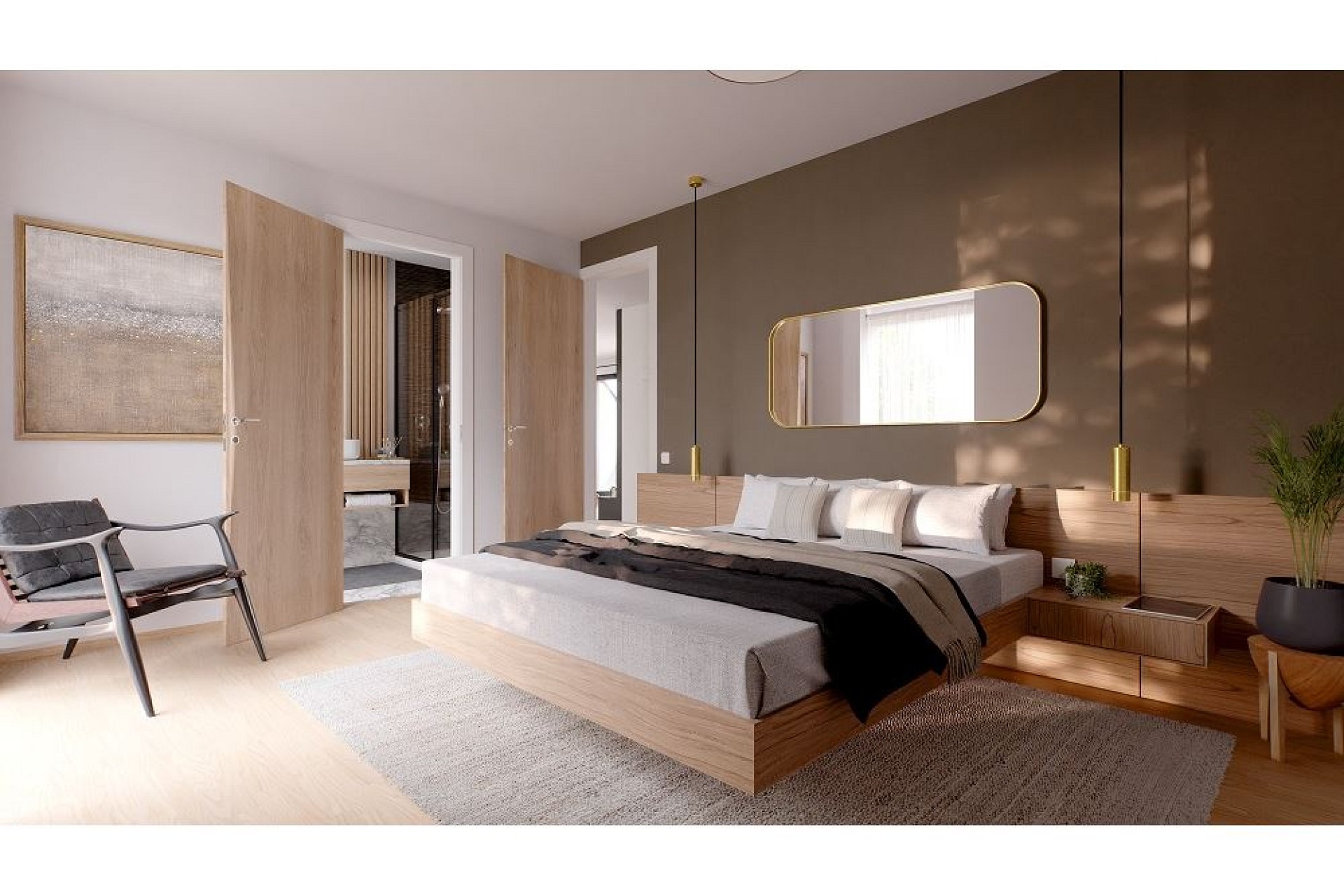Modernes Schlafzimmer mit warmen Holz- und Goldakzenten