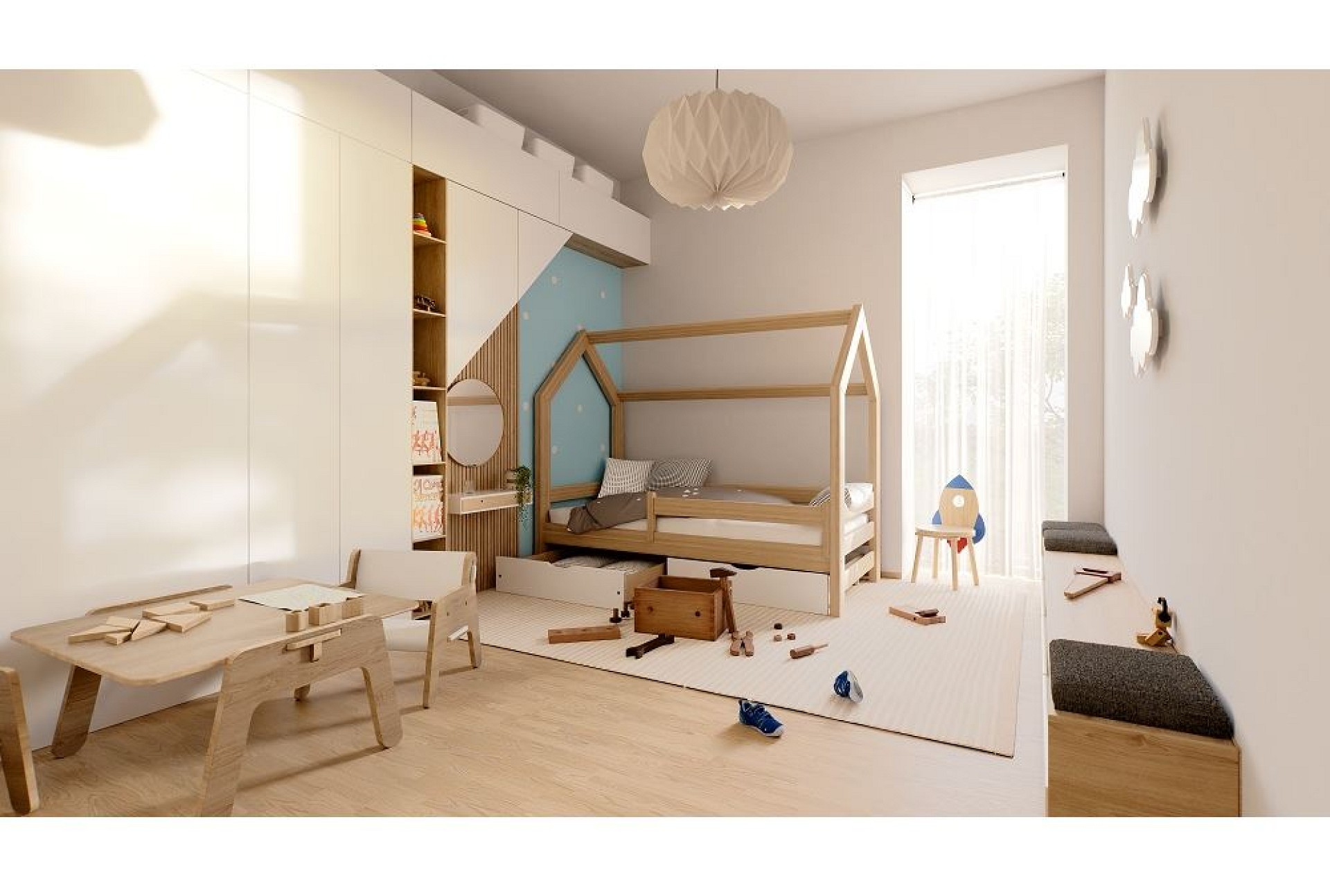 Helles Kinderzimmer mit Holzhausbett