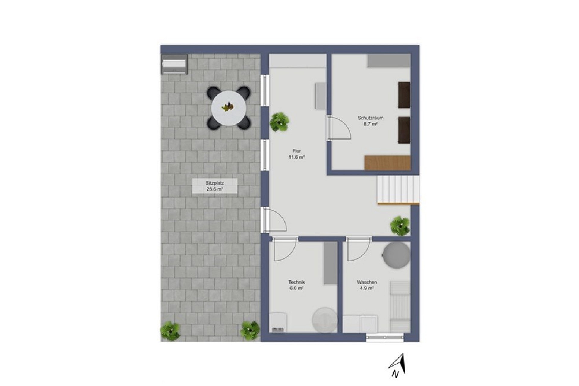 Grundriss mit Terrasse und Nebenräumen