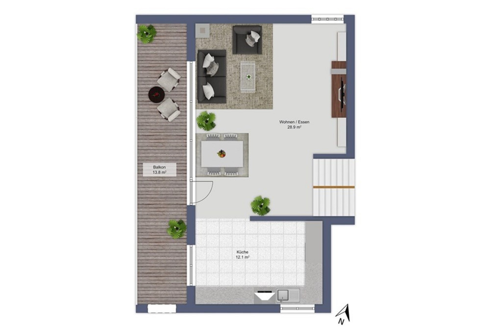 Grundriss von Wohn-/Essbereich, Küche und Balkon