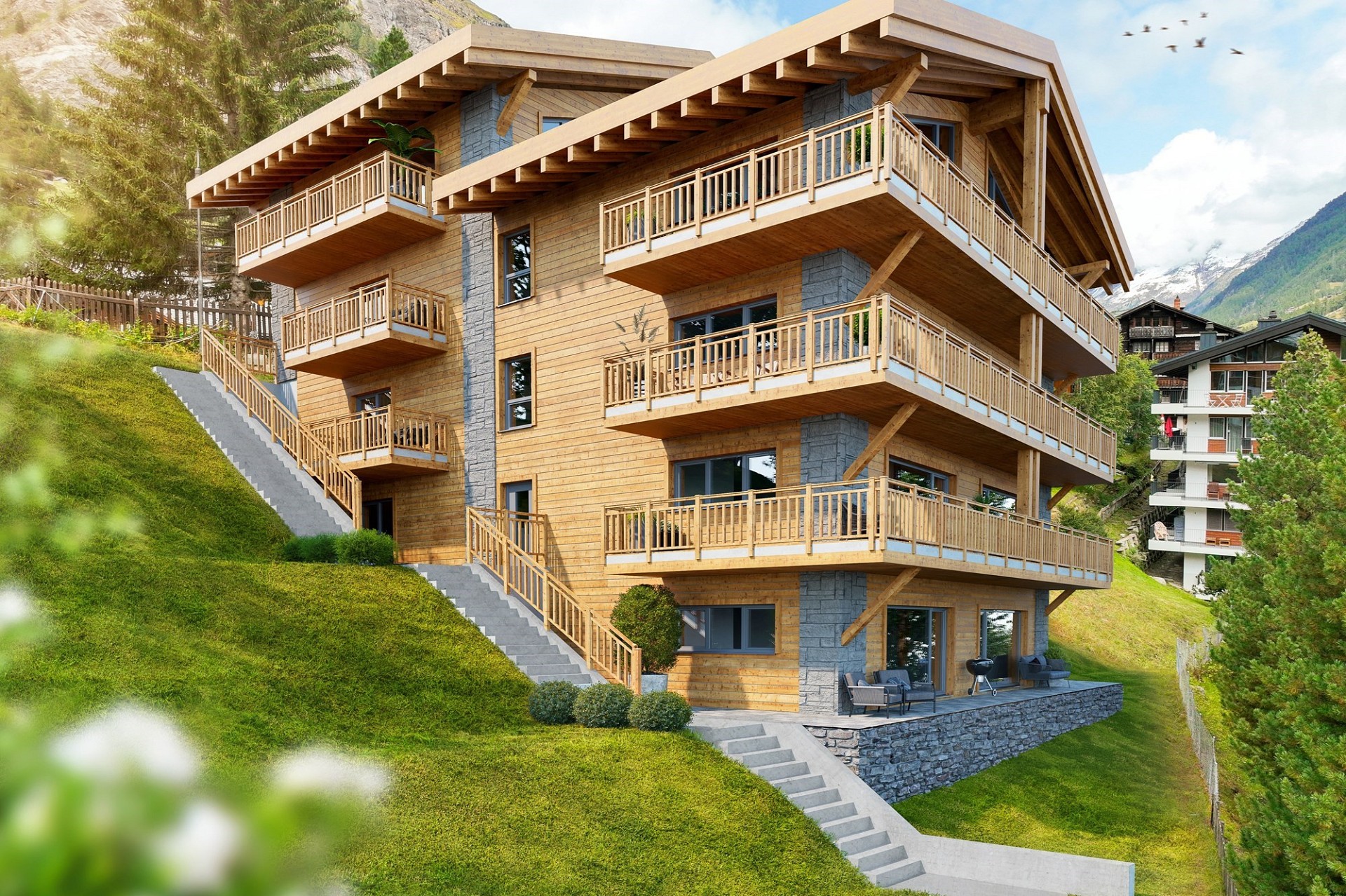 Alpines Holzchalet mit großen Balkonen