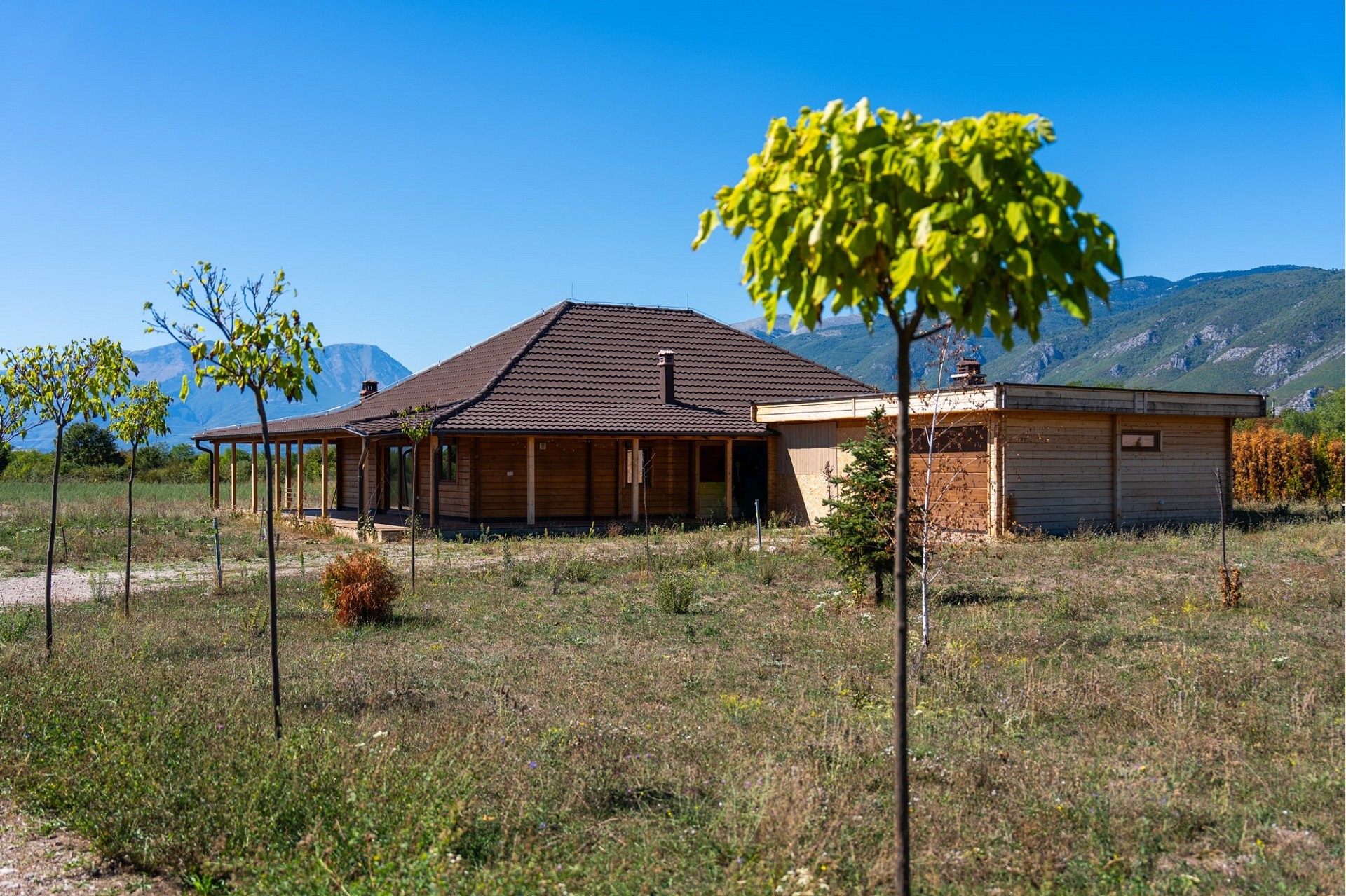 Ländliches Holzhaus mit Bergblick