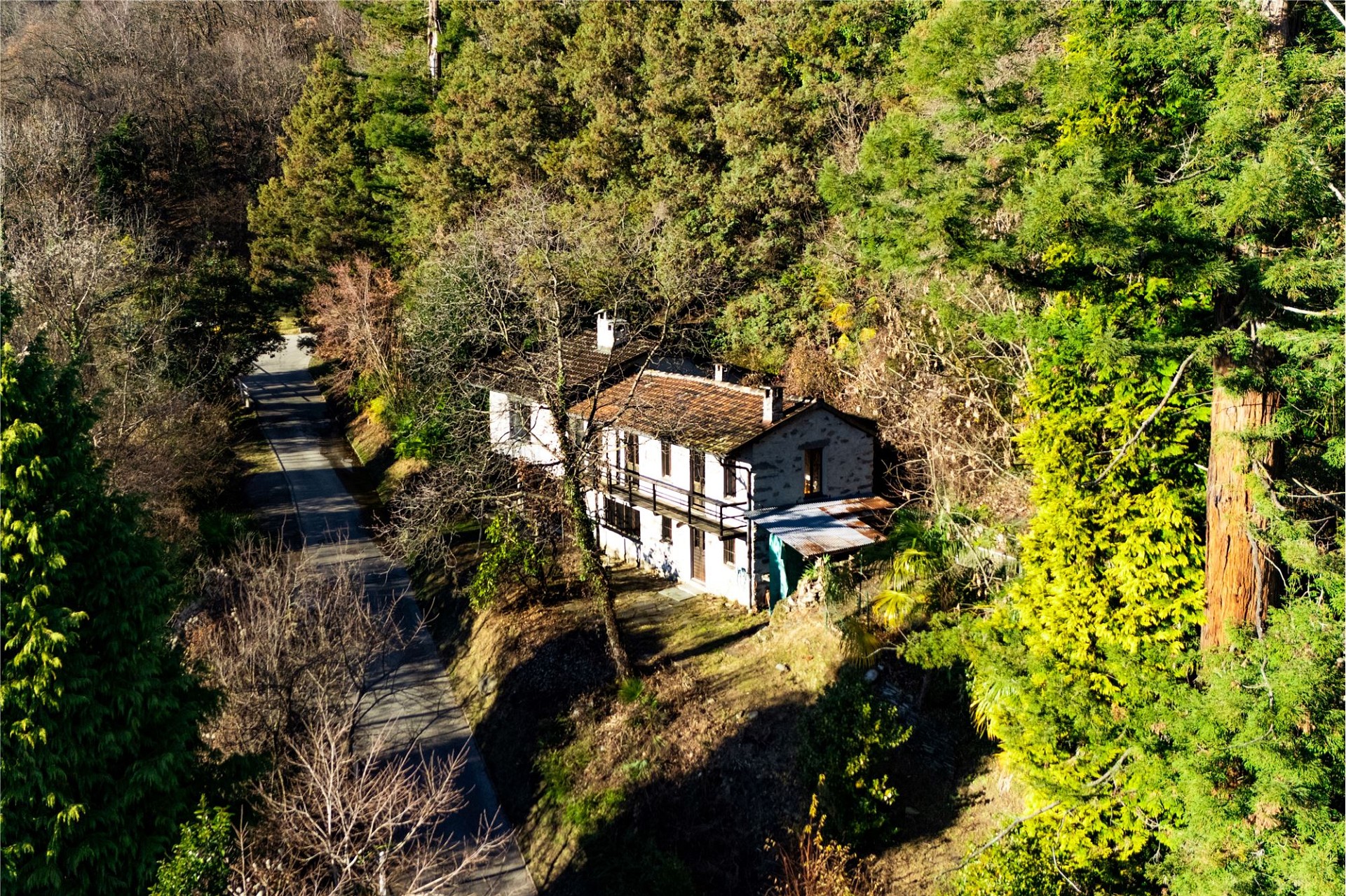 Luftaufnahme eines Hauses im Wald