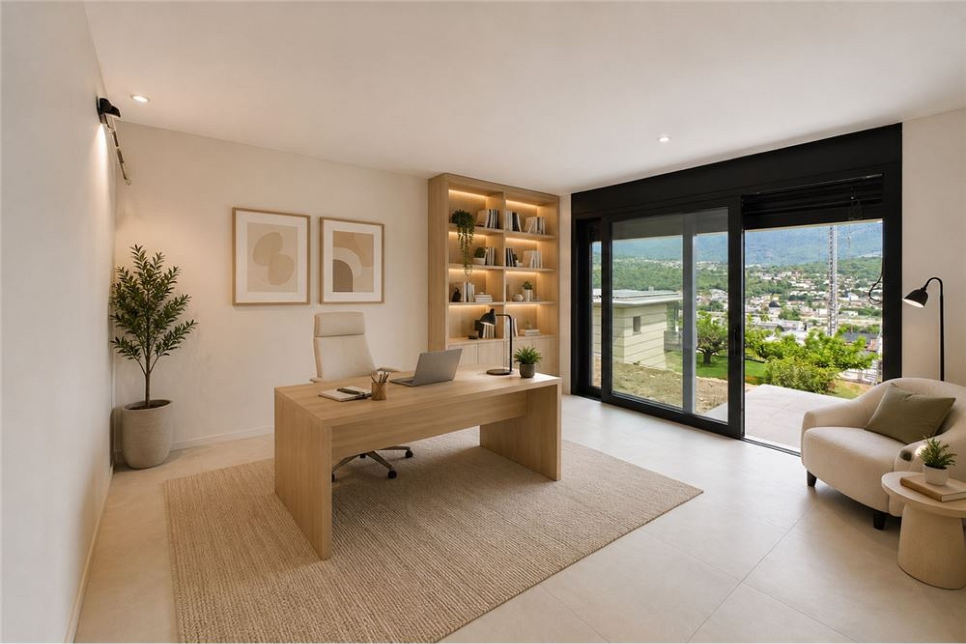 Hell eingerichtetes Homeoffice mit Ausblick