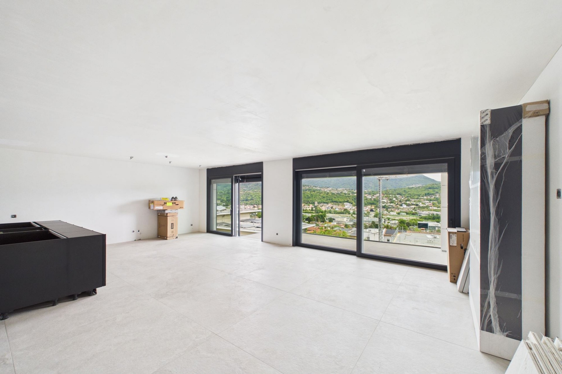 Großer leerer Wohnraum mit Panoramafenstern