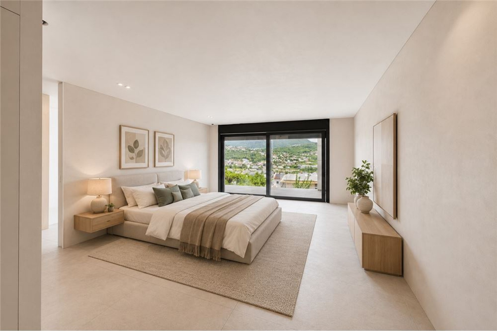 Helles Schlafzimmer mit Bergblick