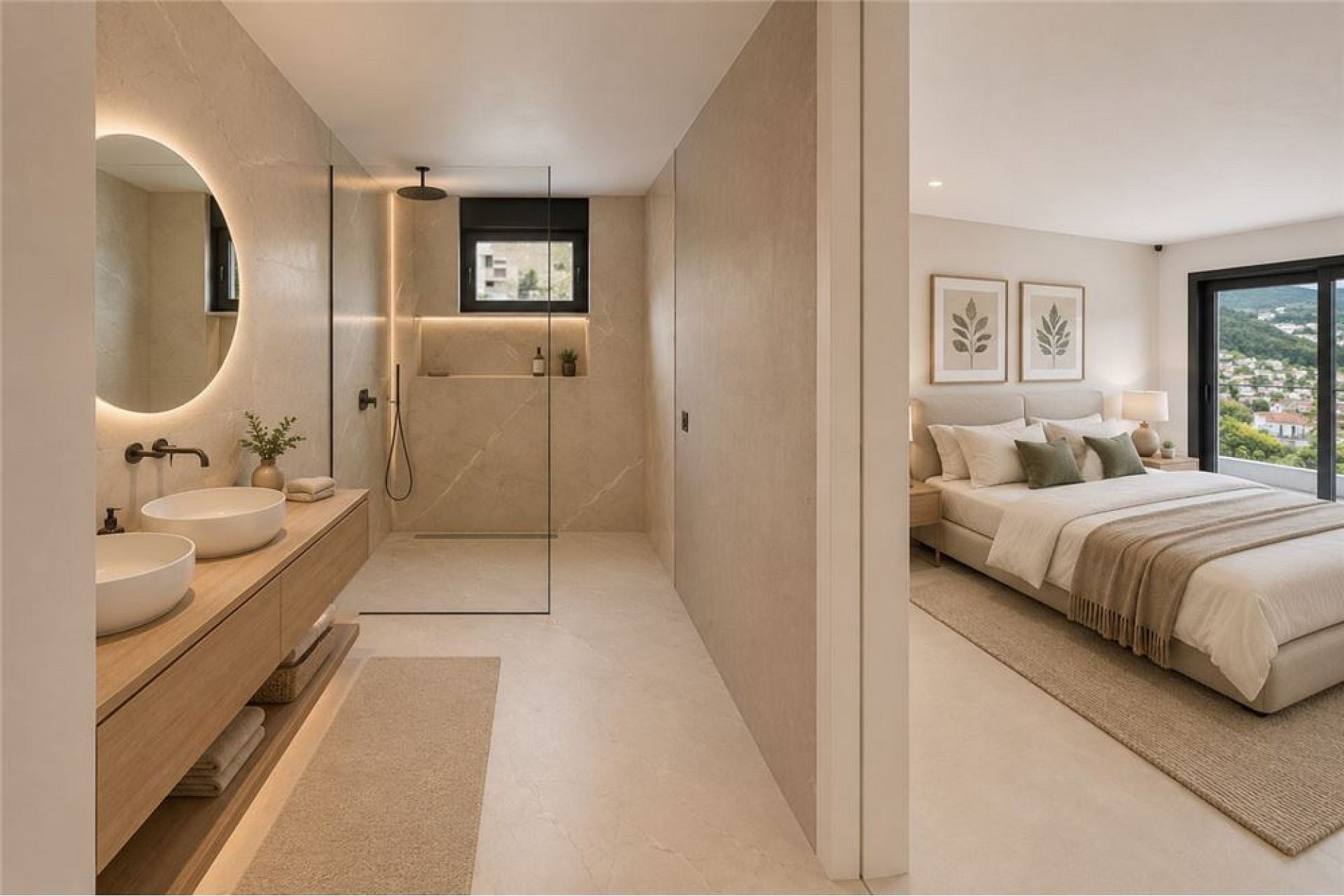 Modernes Schlafzimmer mit angrenzendem Bad