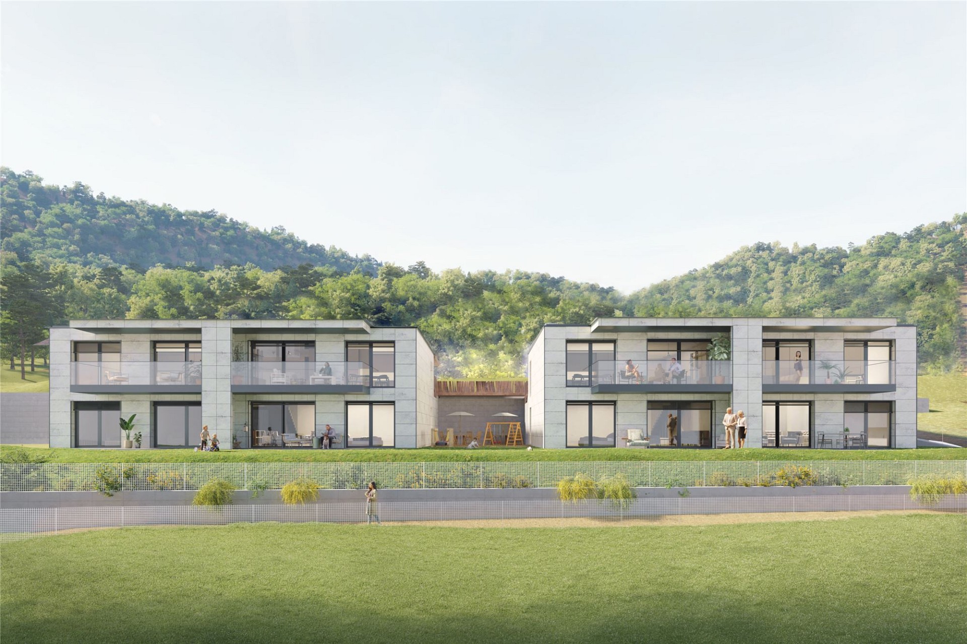 Moderne Wohnanlage mit Blick ins Grüne