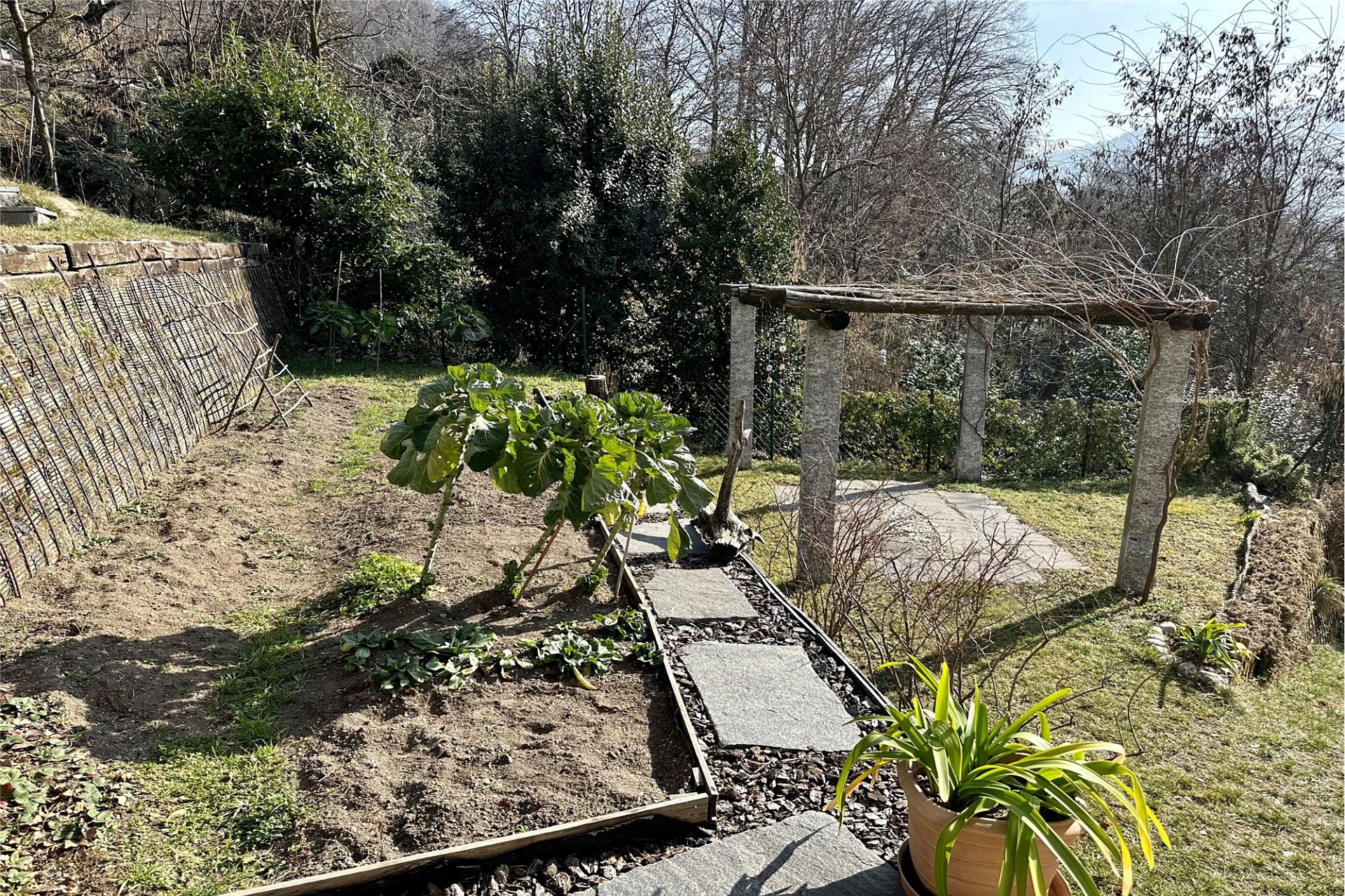 Garten mit gemauertem Hangbeet und Steg