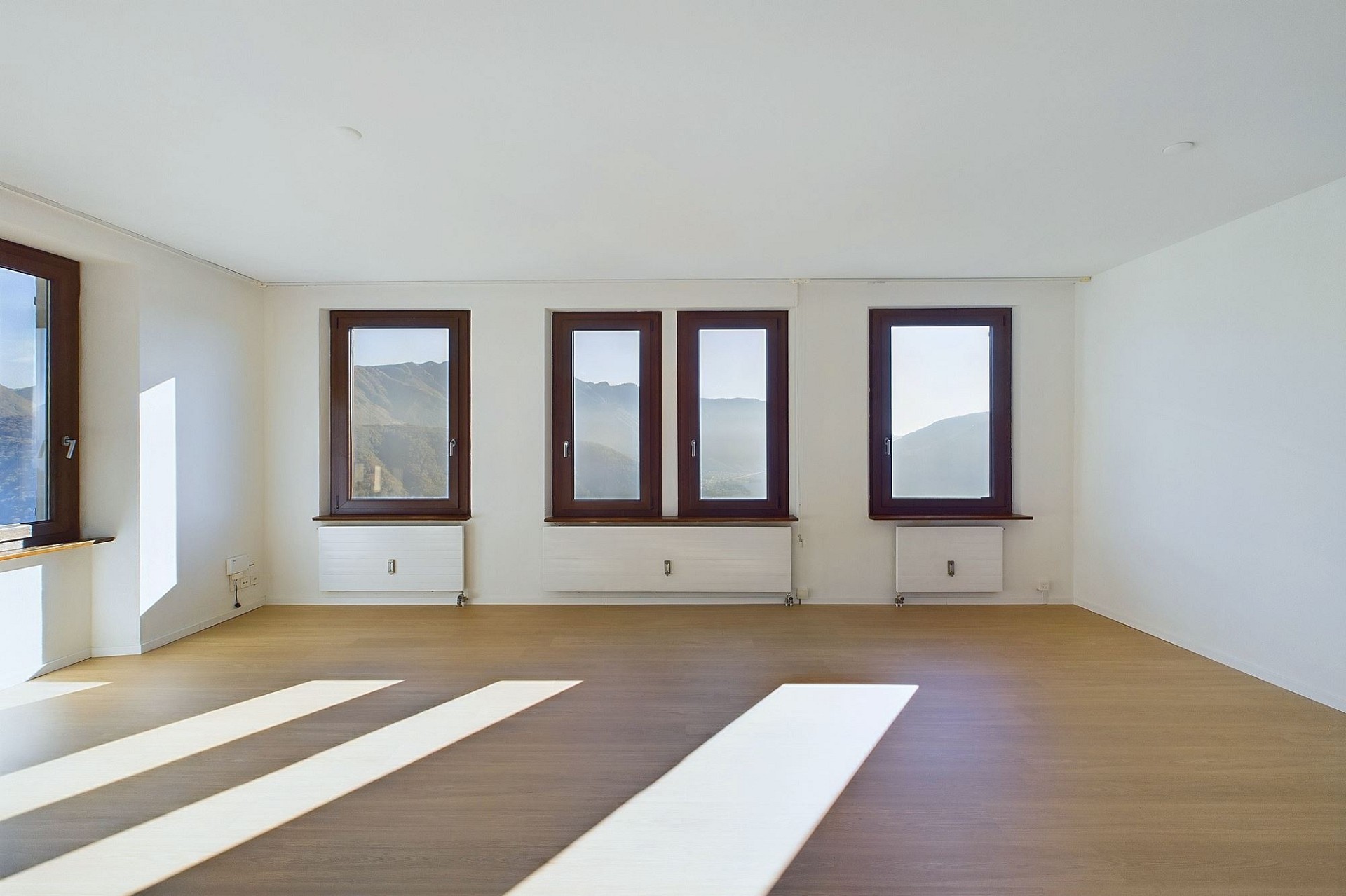 Heller leerer Wohnraum mit Bergblick