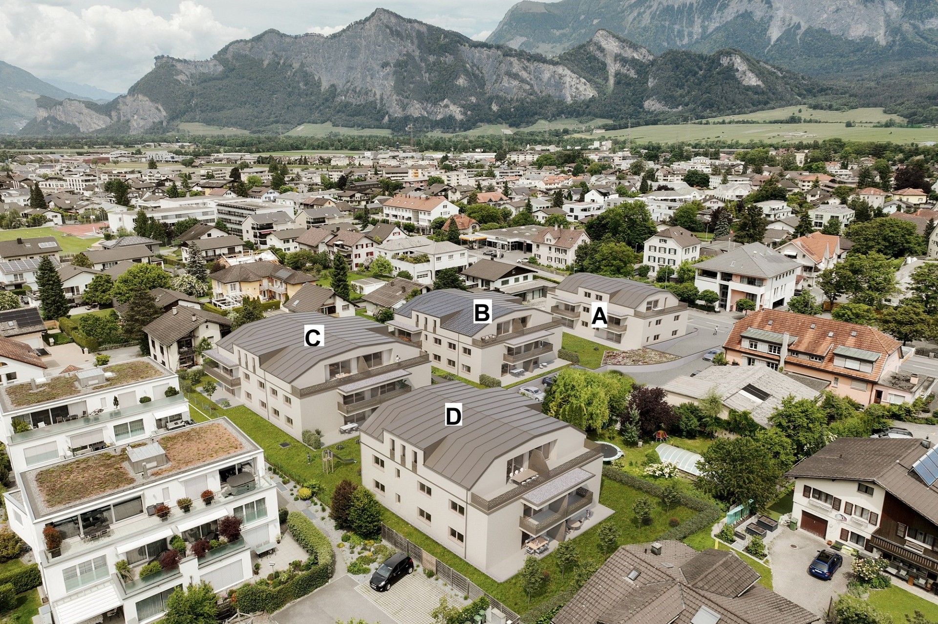 Luftaufnahme eines Wohnquartiers mit markierten Gebäuden