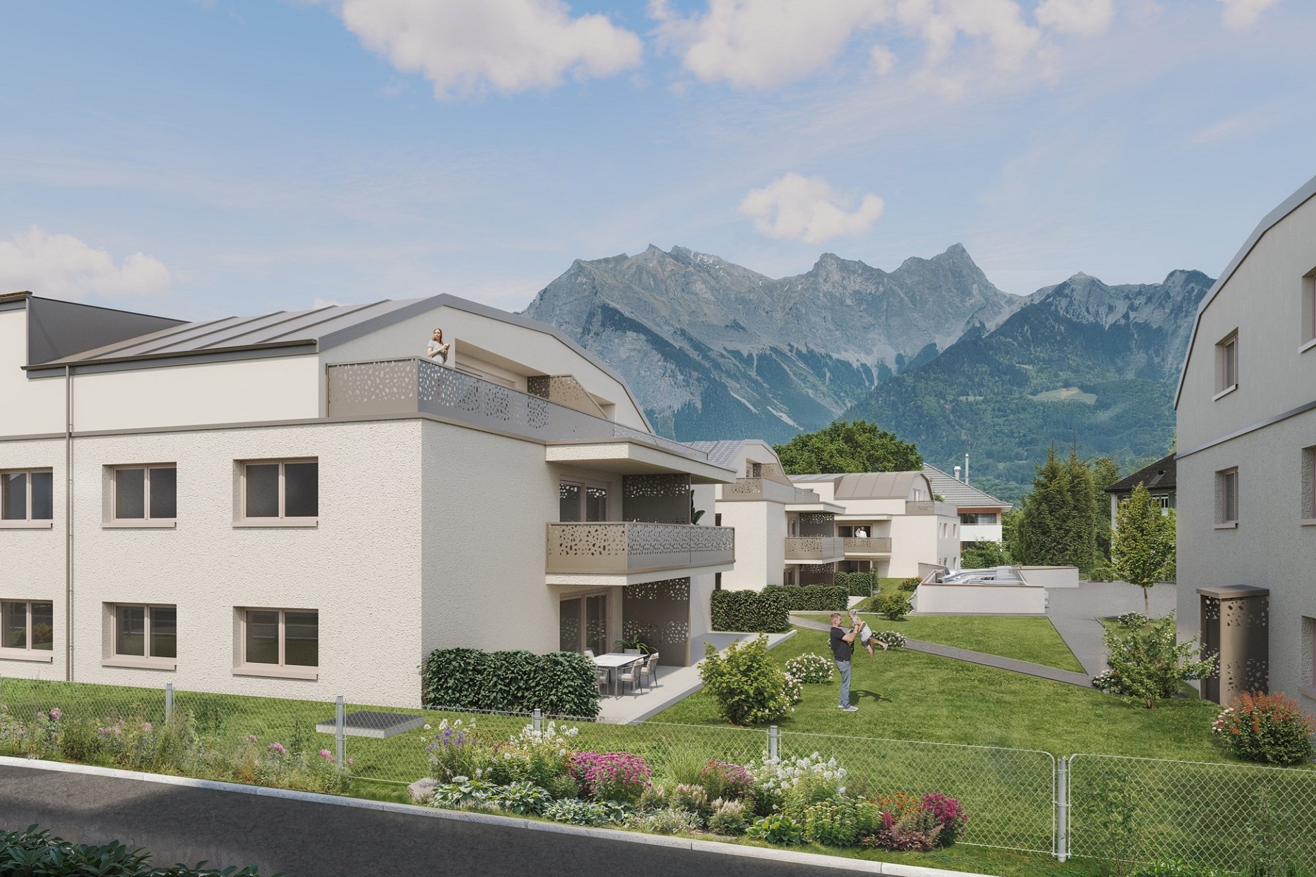 Moderne Wohnanlage mit Bergblick
