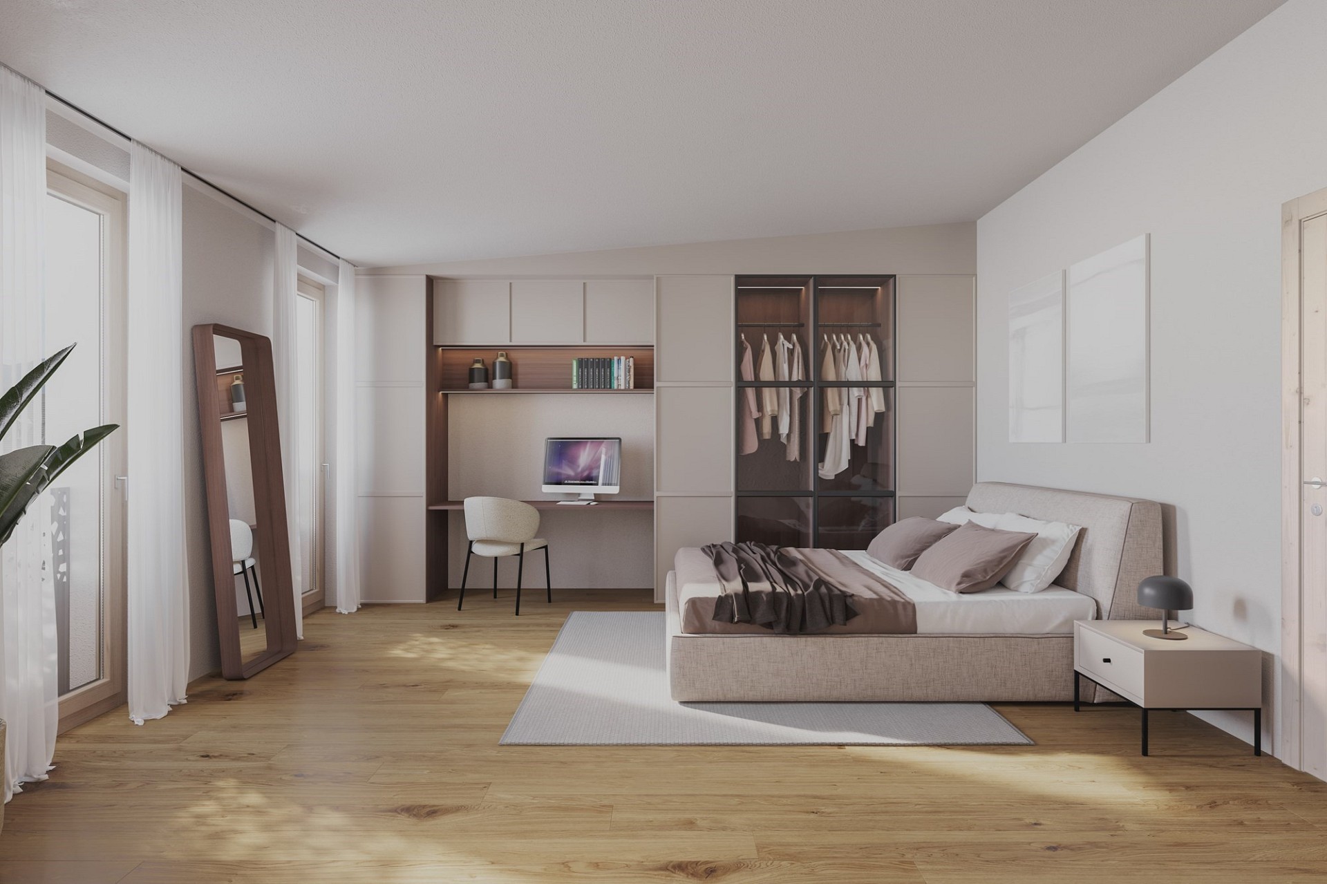 Helles Schlafzimmer mit Ankleidewand