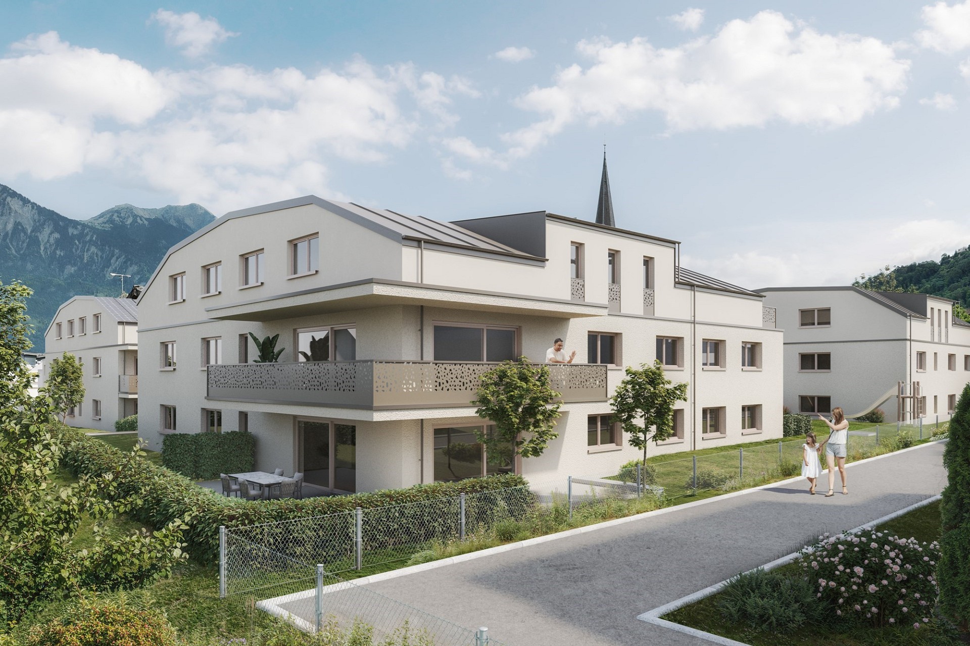 Moderne Wohnanlage mit Bergblick