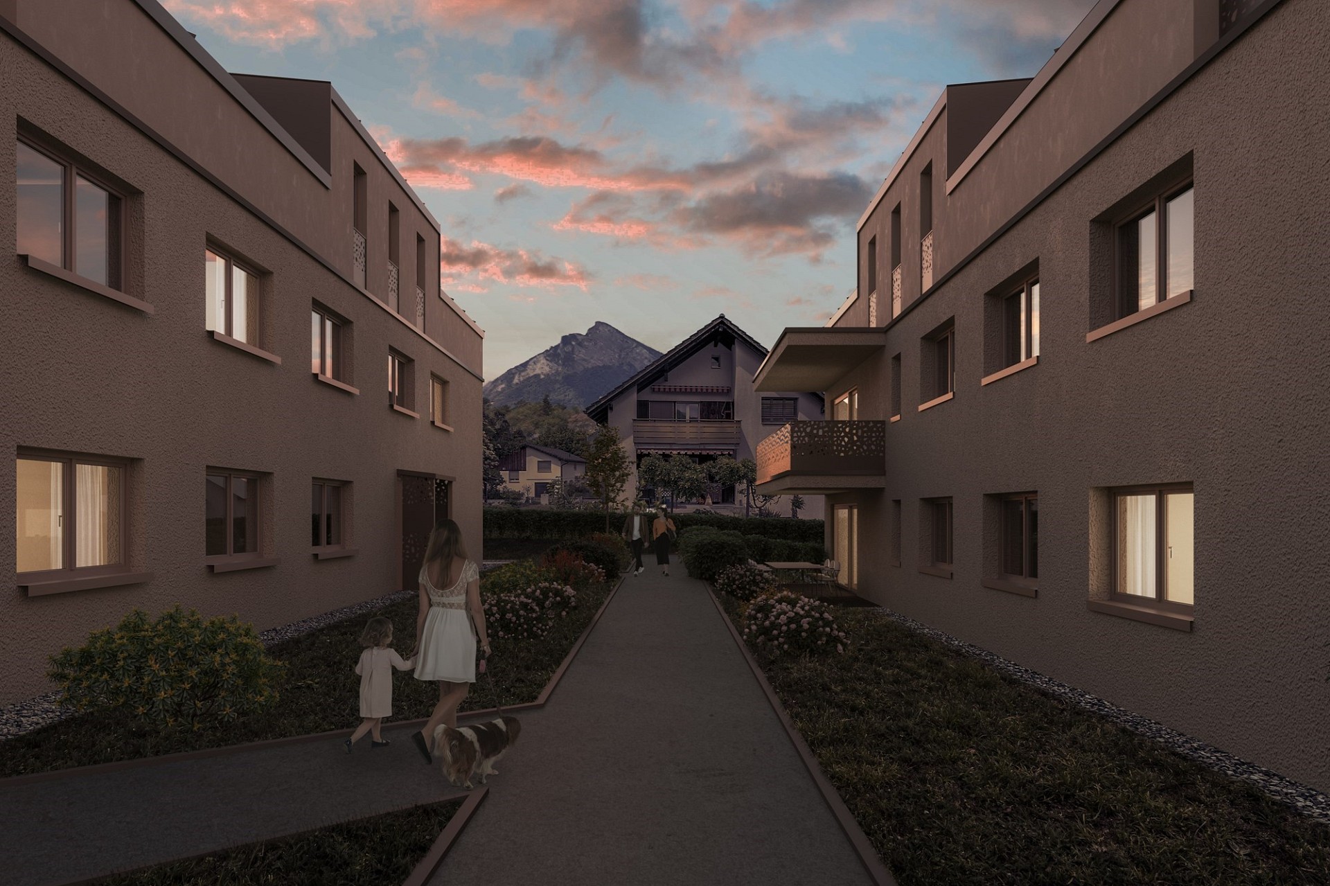 Moderner Wohnhof mit Bergblick