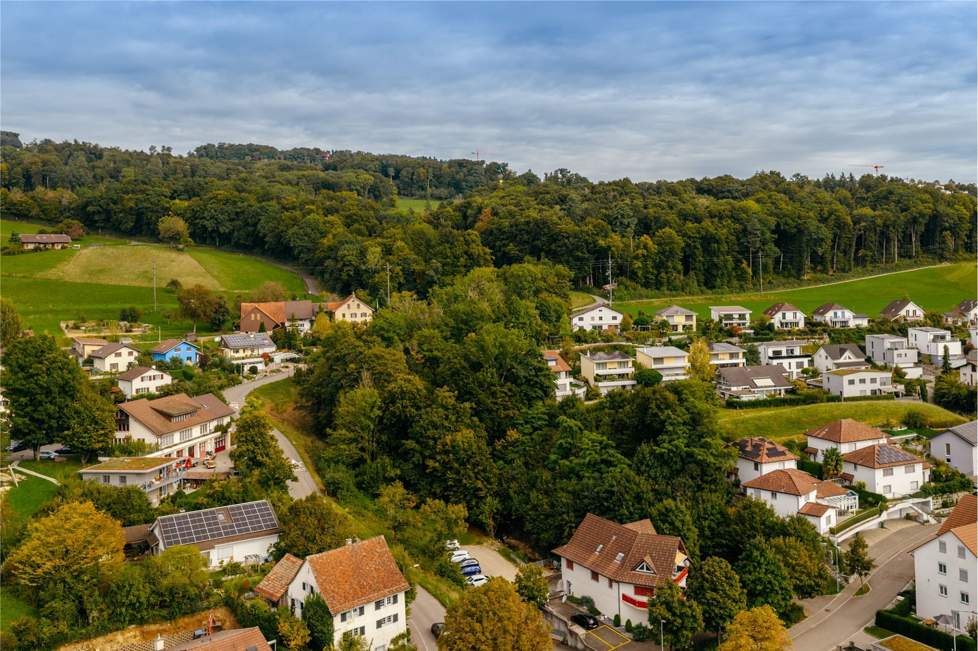 Luftaufnahme eines Wohngebiets im Grünen