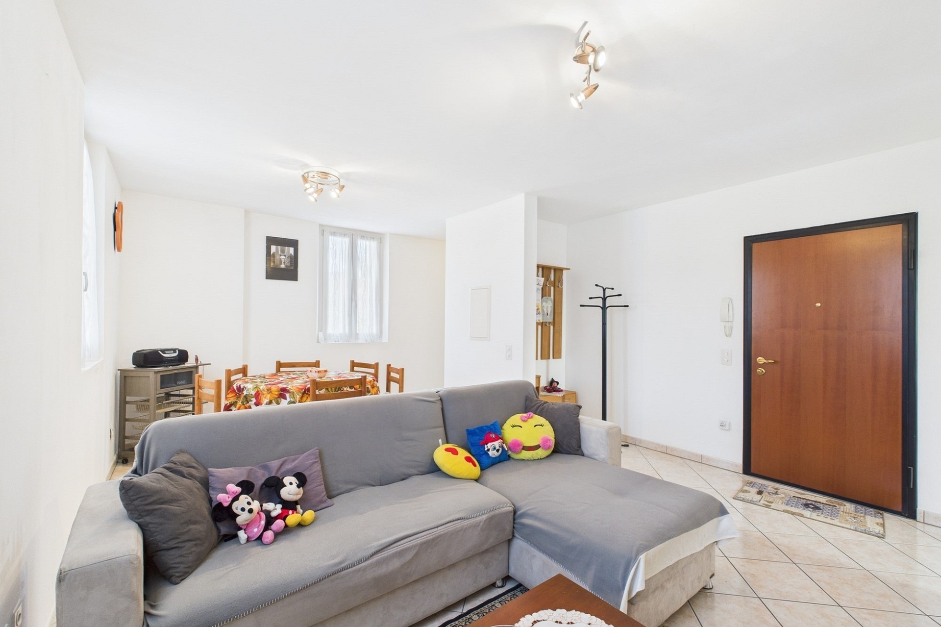 Helles Wohn-Esszimmer mit Sofa und Hauseingang