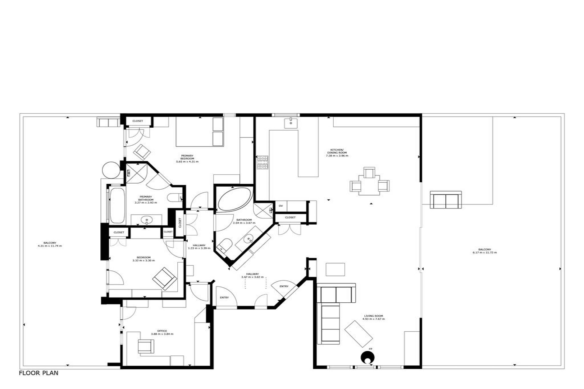 Grundriss einer Wohnung mit Balkon und mehreren Zimmern