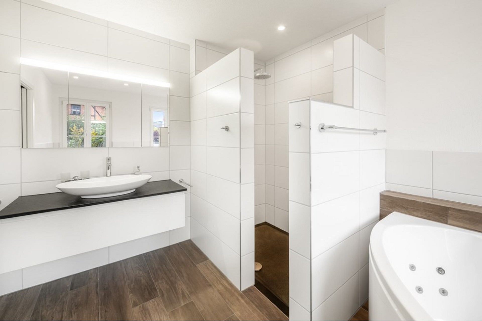 Modernes Badezimmer mit großer Dusche und Waschtisch