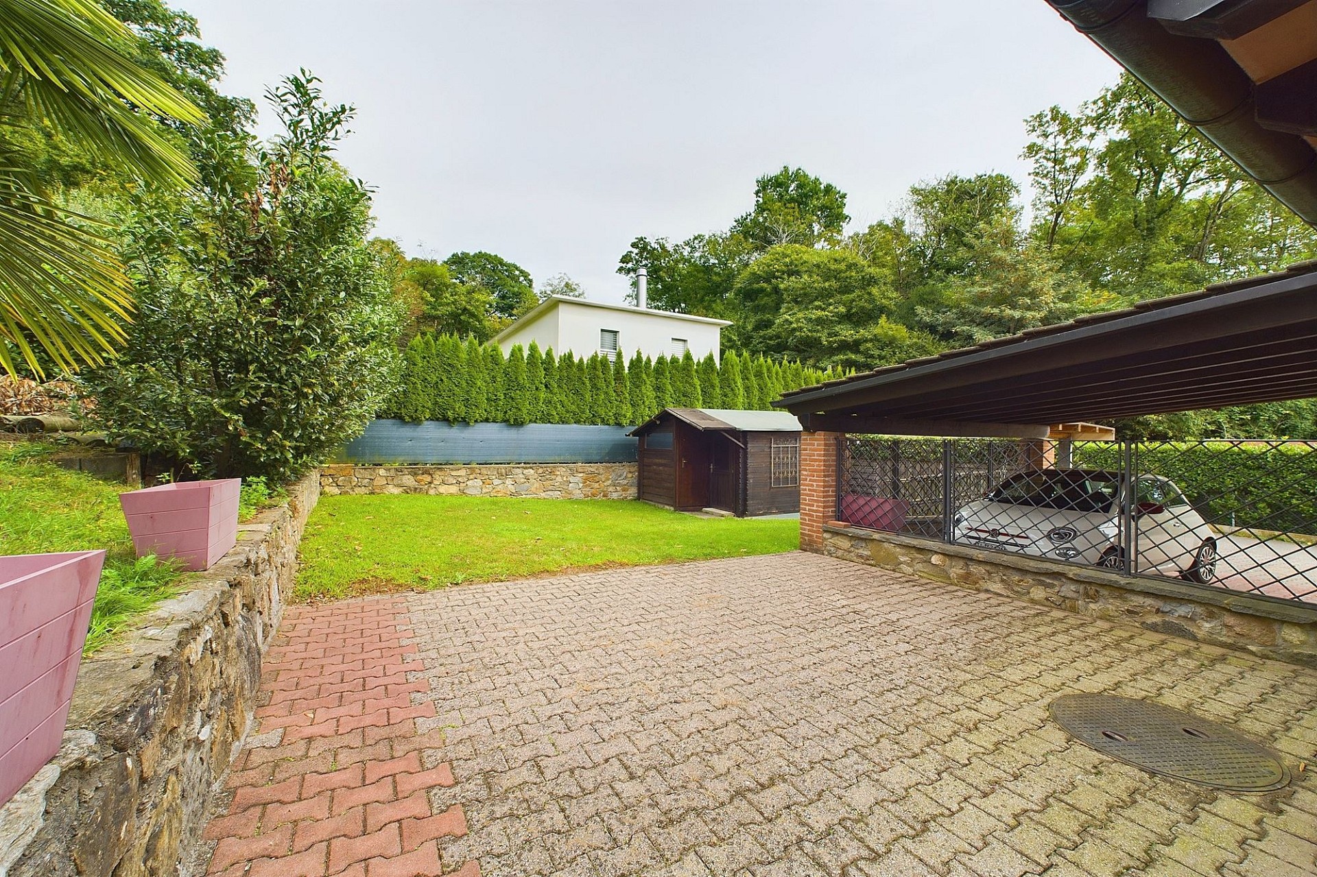 Außenbereich mit Einfahrt und Carport