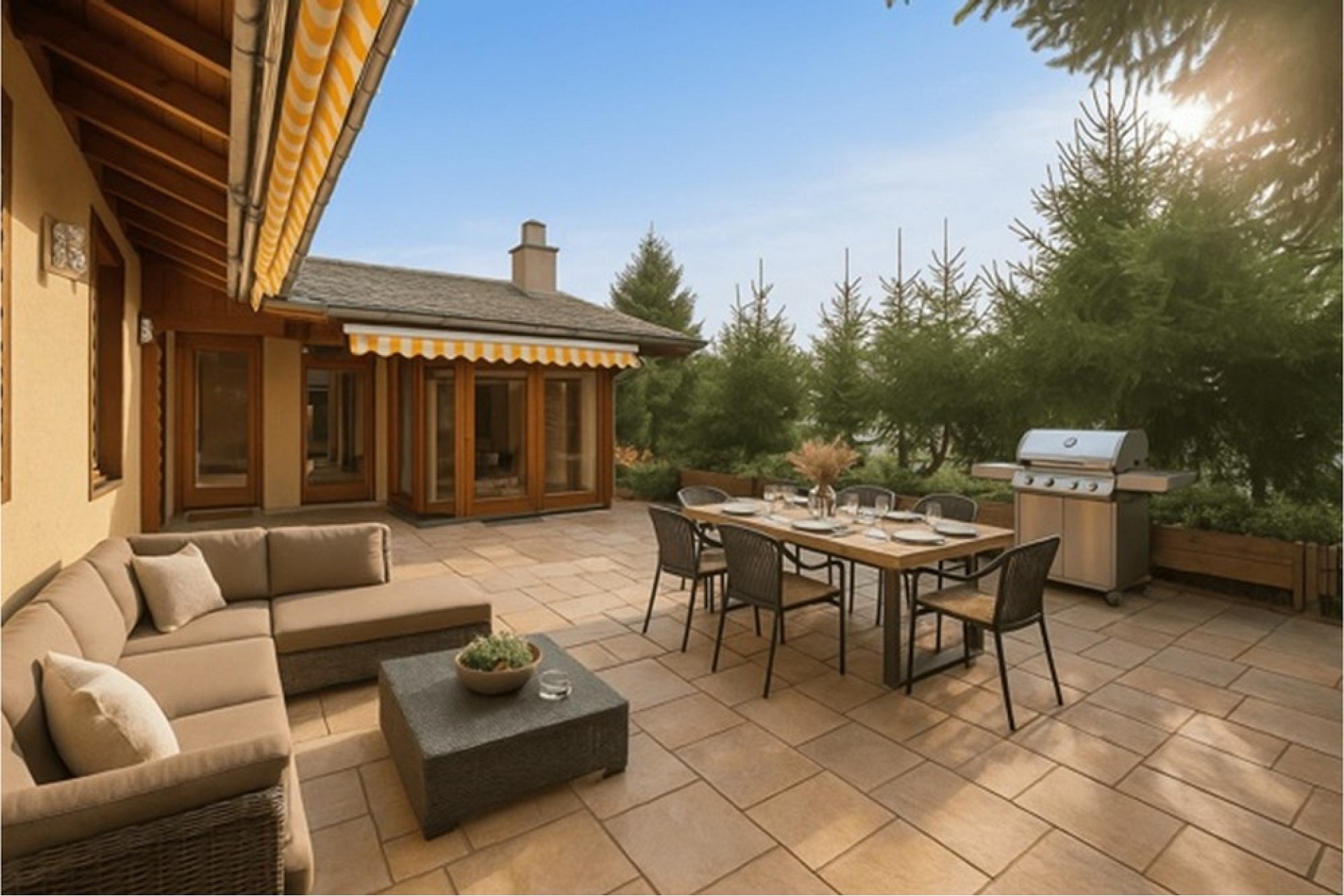 Großzügige Terrasse mit Lounge- und Essbereich