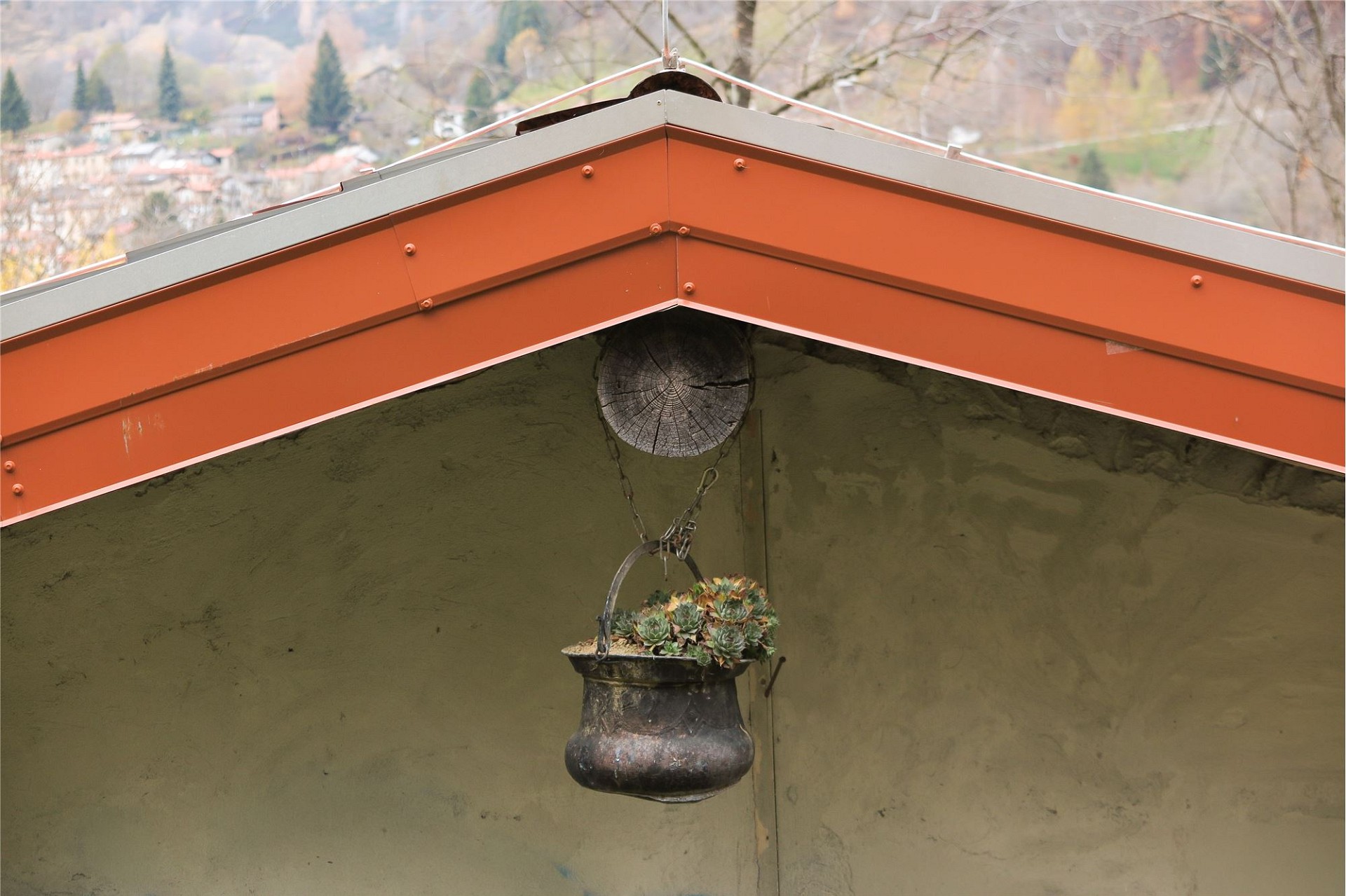 Außenansicht eines Schuppendachs mit Hängepflanze