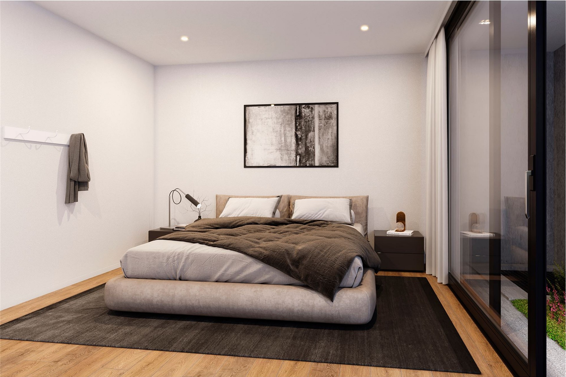 Modernes Schlafzimmer mit bodentiefem Fenster