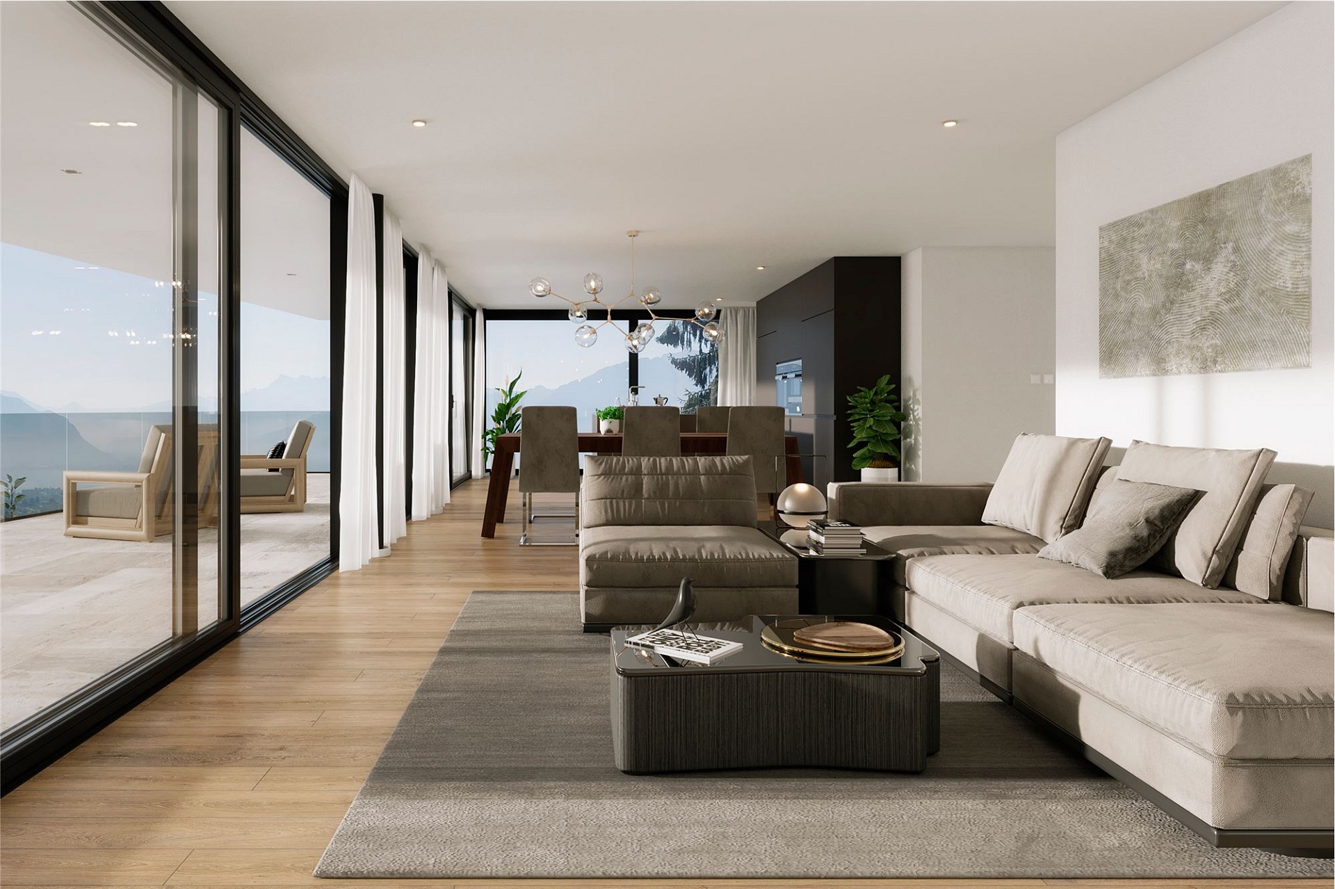 Helles, modernes Wohn- und Esszimmer mit Terrasse und Bergblick