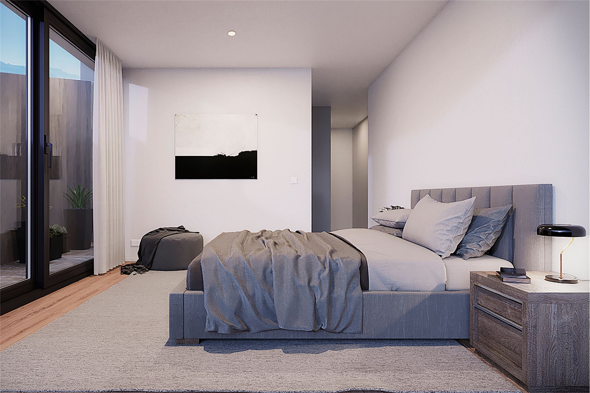 Modernes Schlafzimmer mit Balkonzugang