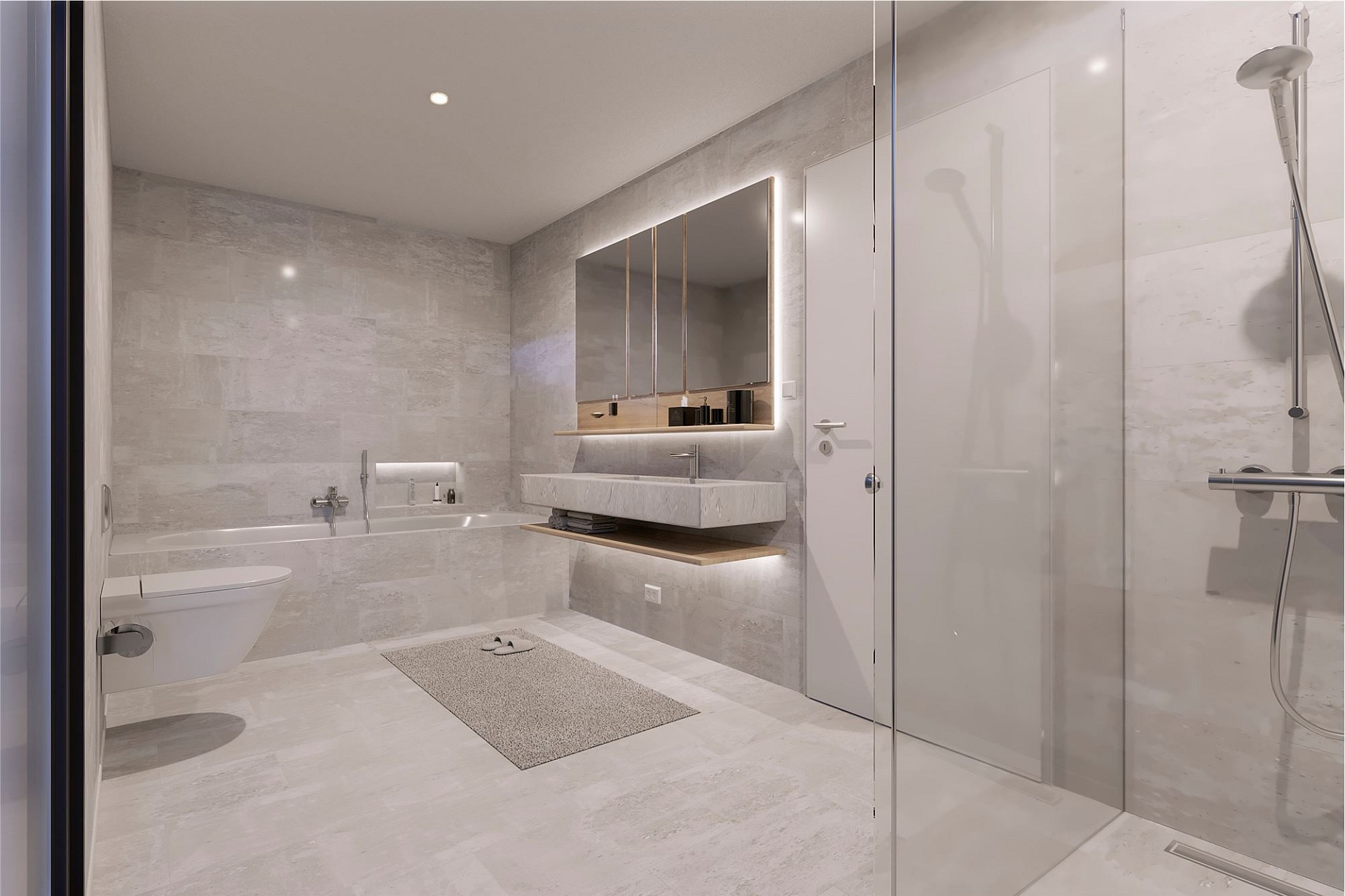 Modernes Badezimmer mit Walk-in-Dusche und Badewanne