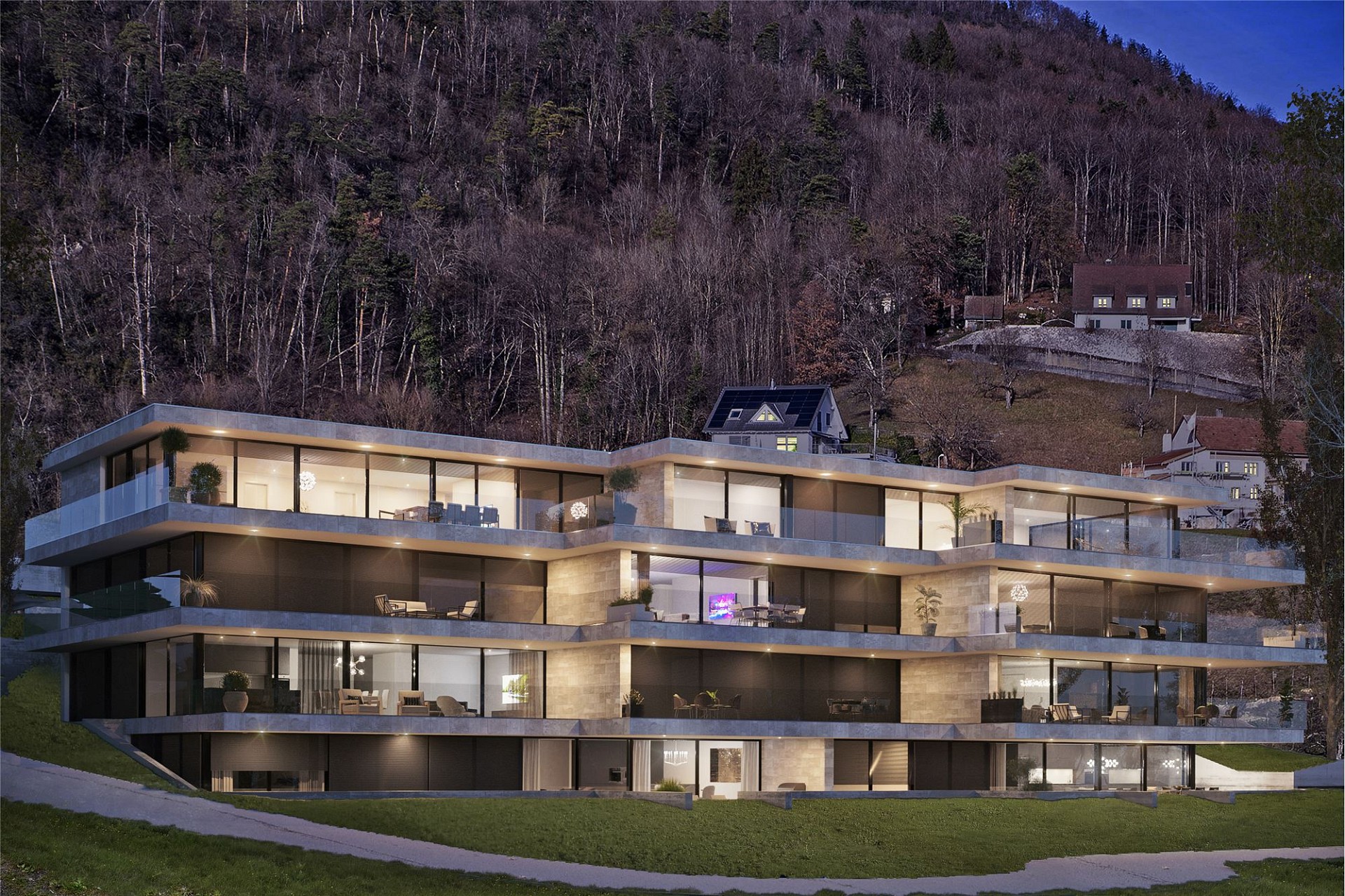 Luxuriöse moderne Hangvilla bei Dämmerung