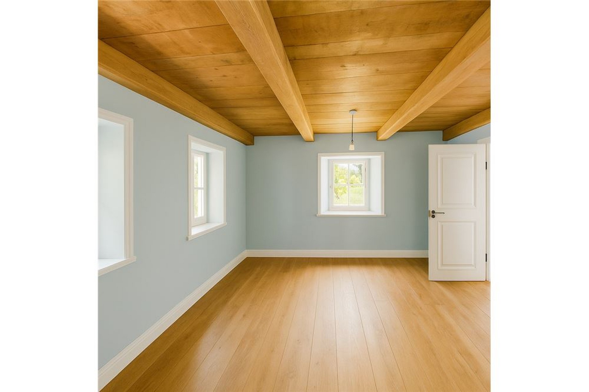 Heller leerer Raum mit Holzdecke und Parkettboden