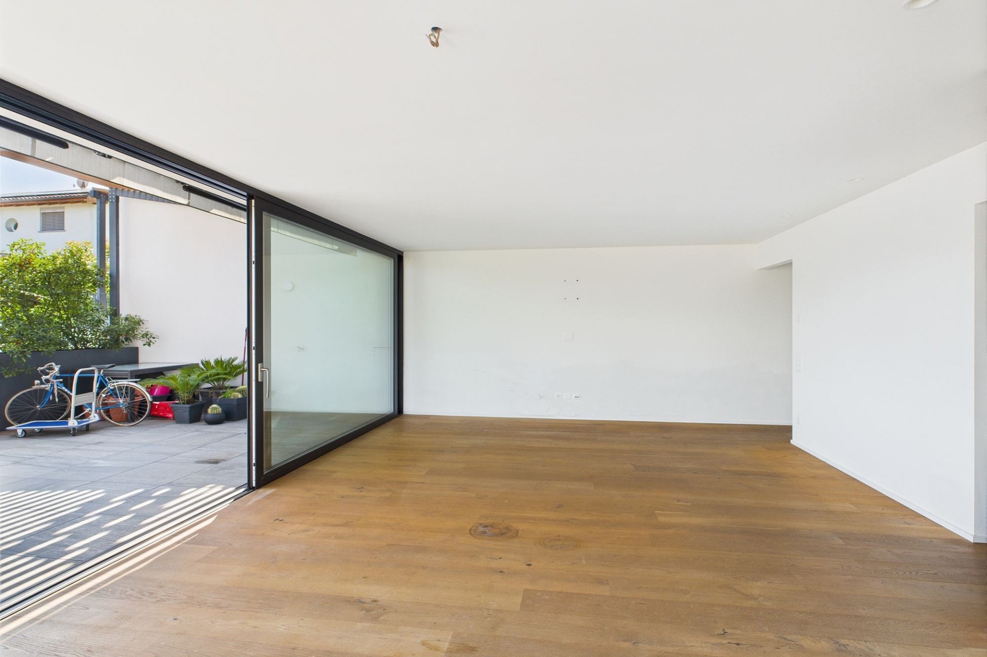 Heller Wohnraum mit großer Glasfront zum Innenhof
