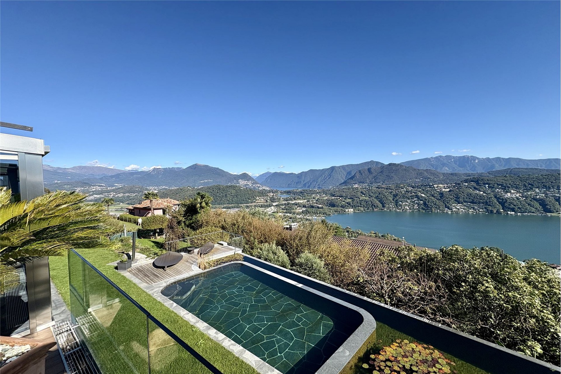 Luxuriöse Außenansicht mit Pool und Seeblick