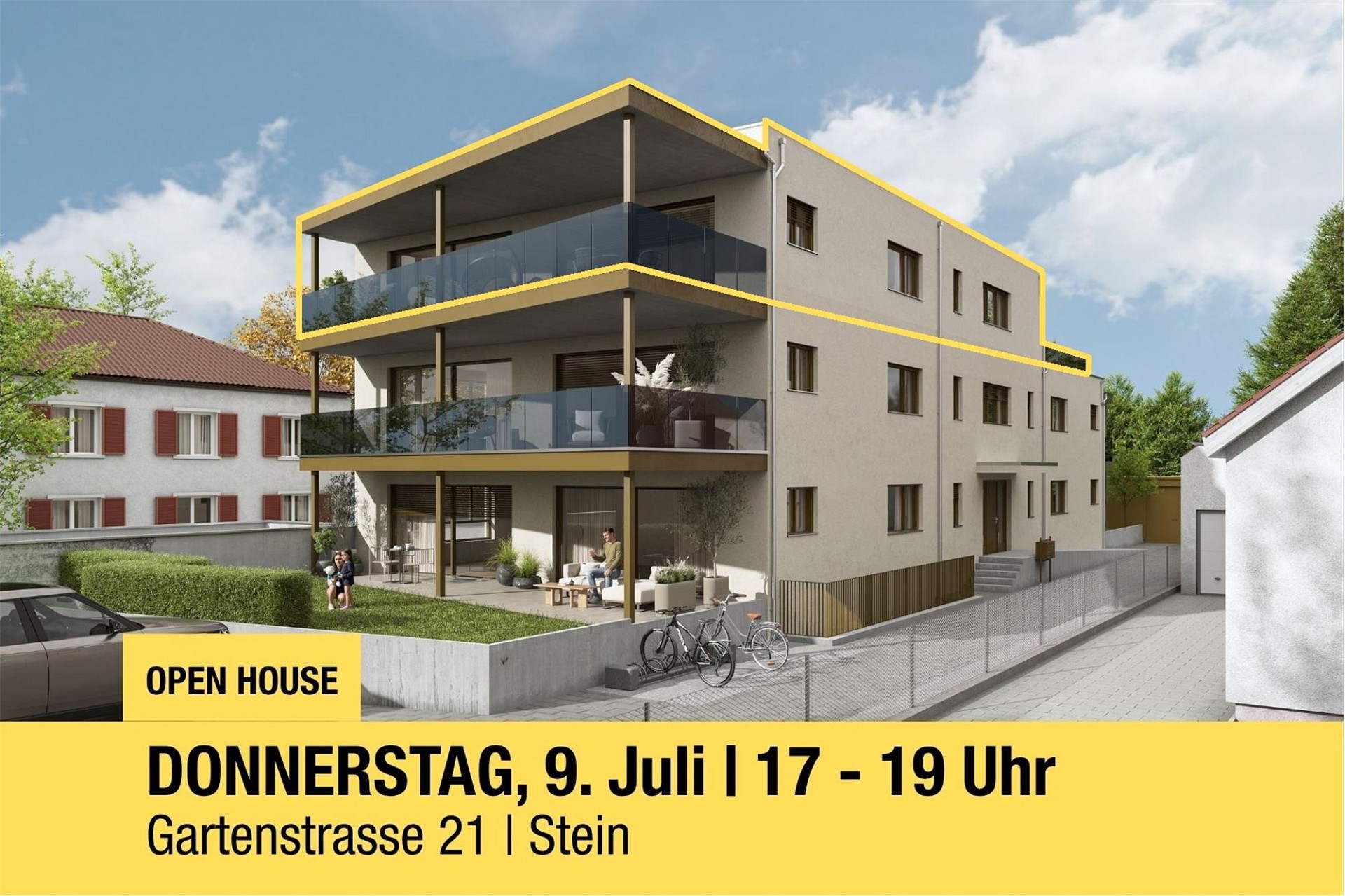 Mehrfamilienhaus mit Open-House-Hinweis