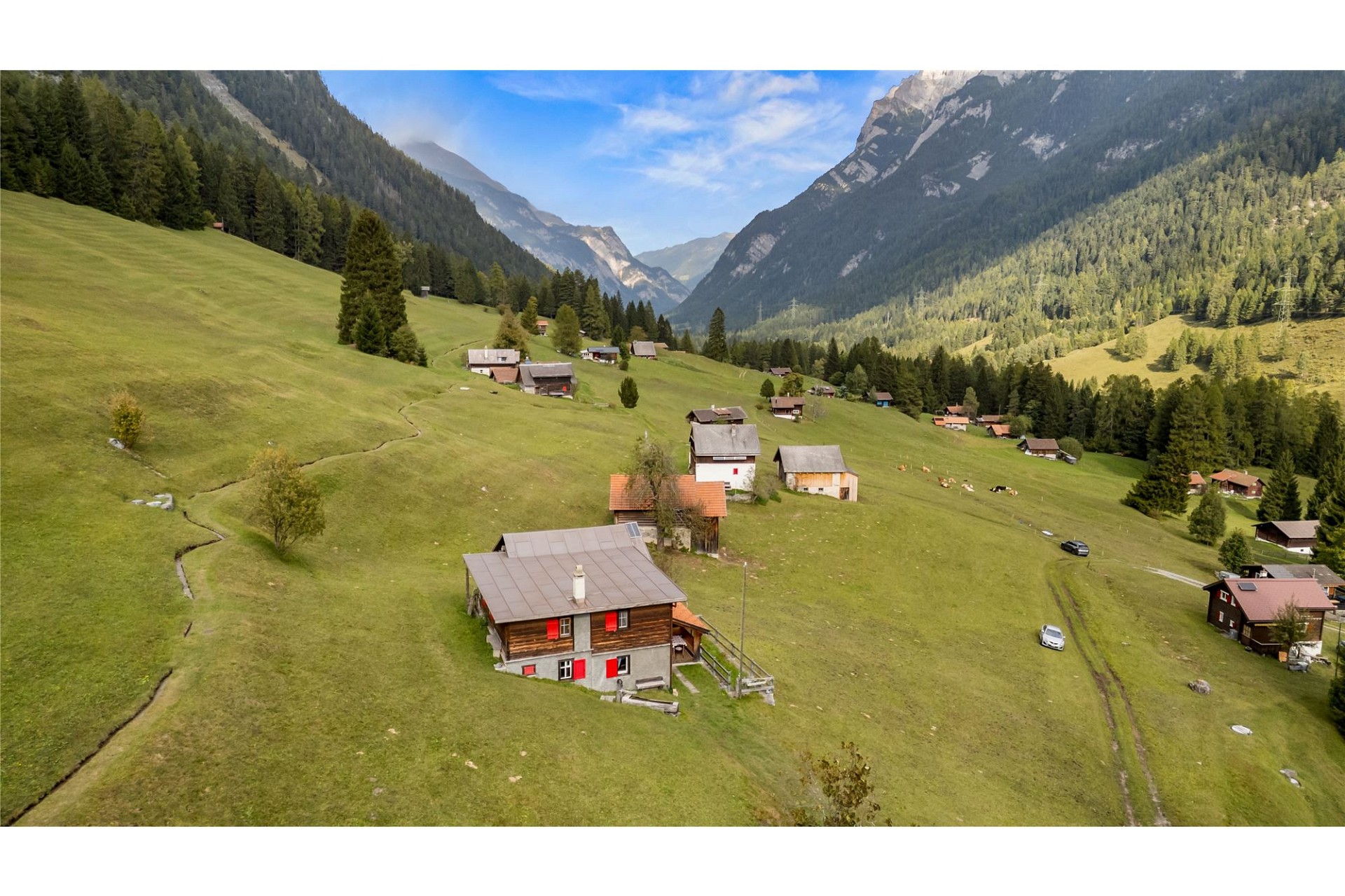 Alm- und Berglandschaft mit verstreuten Chalets