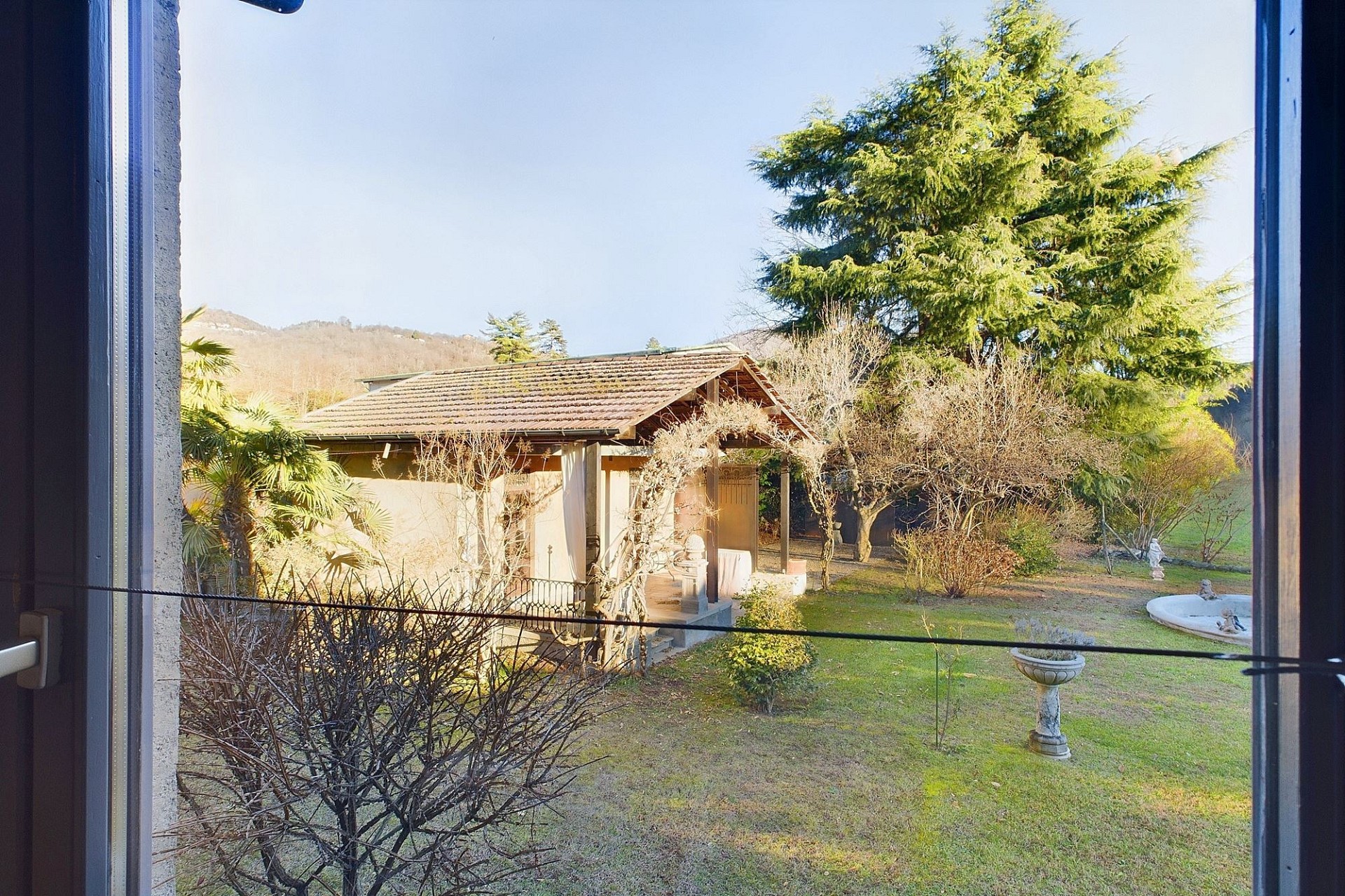 Blick auf Garten und Nebengebäude durch ein Fenster