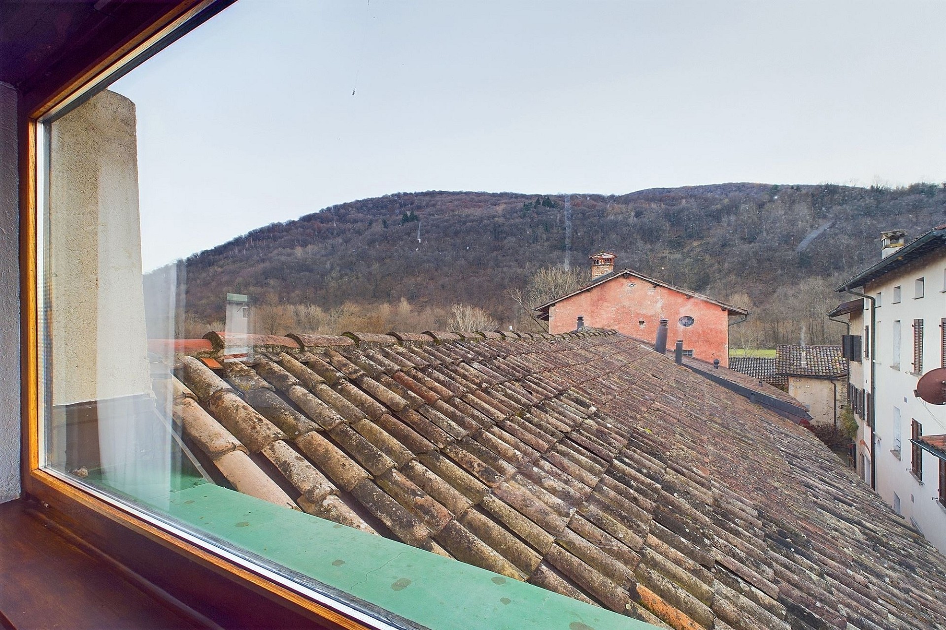 Blick über Dächer auf bewaldeten Hang