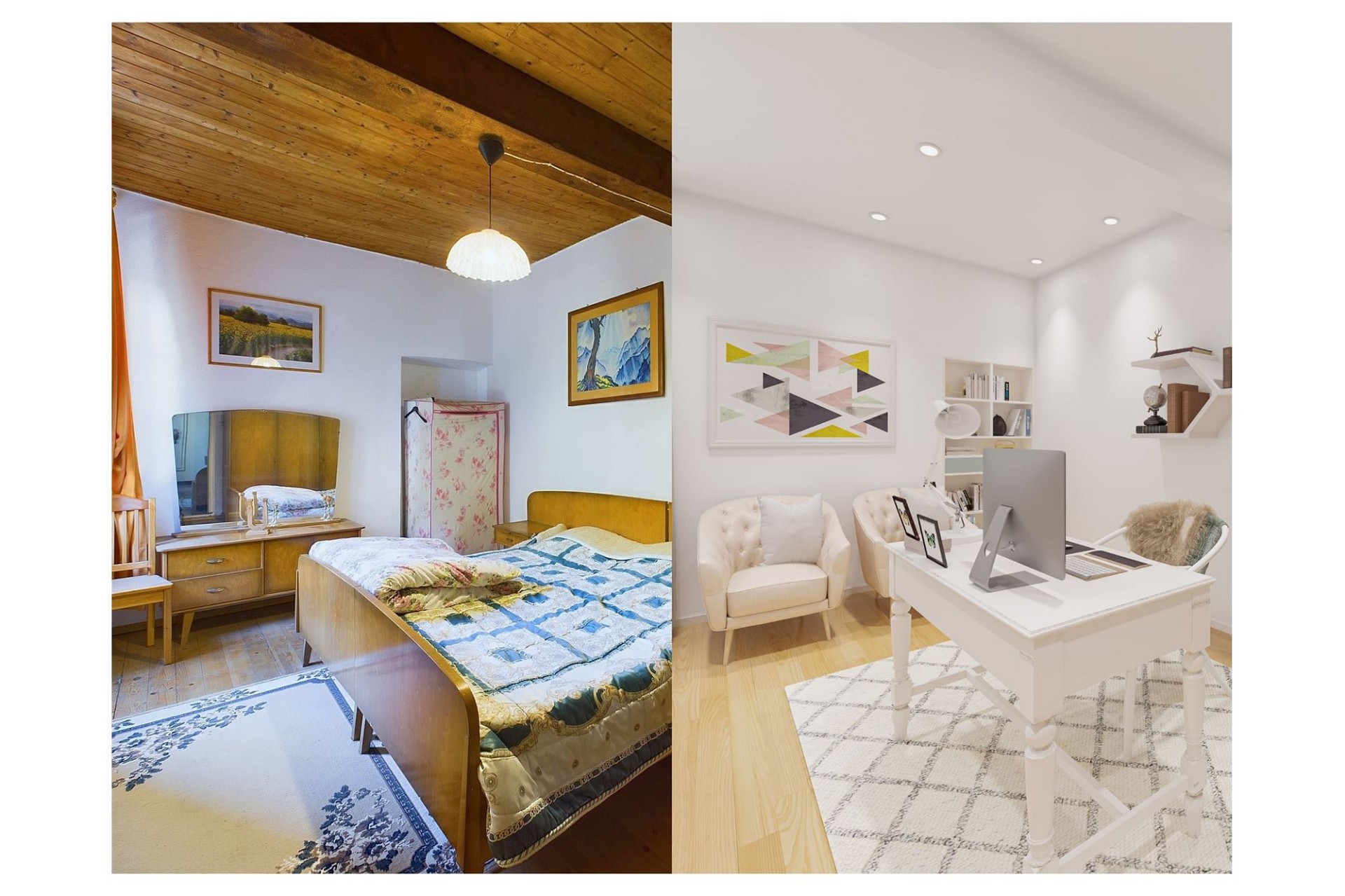 Zwei Innenräume im Vergleich: ein Schlafzimmer und ein Arbeitszimmer