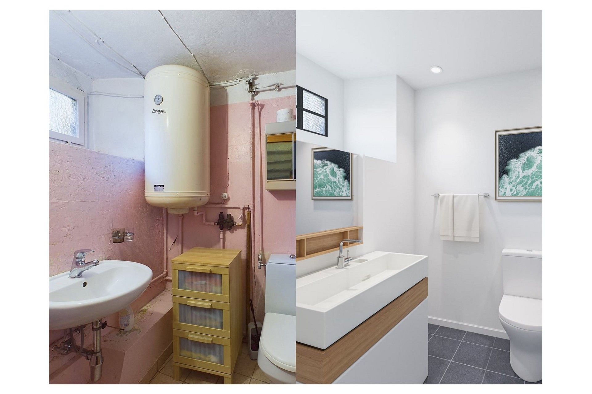 Badezimmer im Vergleich: alt links, modern rechts