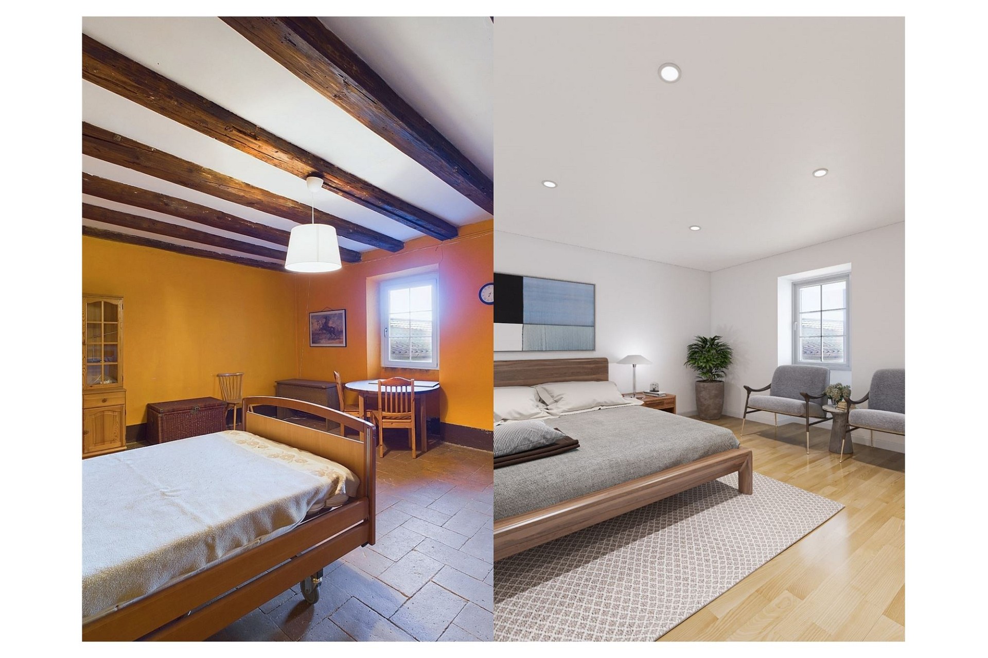 Schlafzimmer-Vergleich mit rustikalem und modernem Stil
