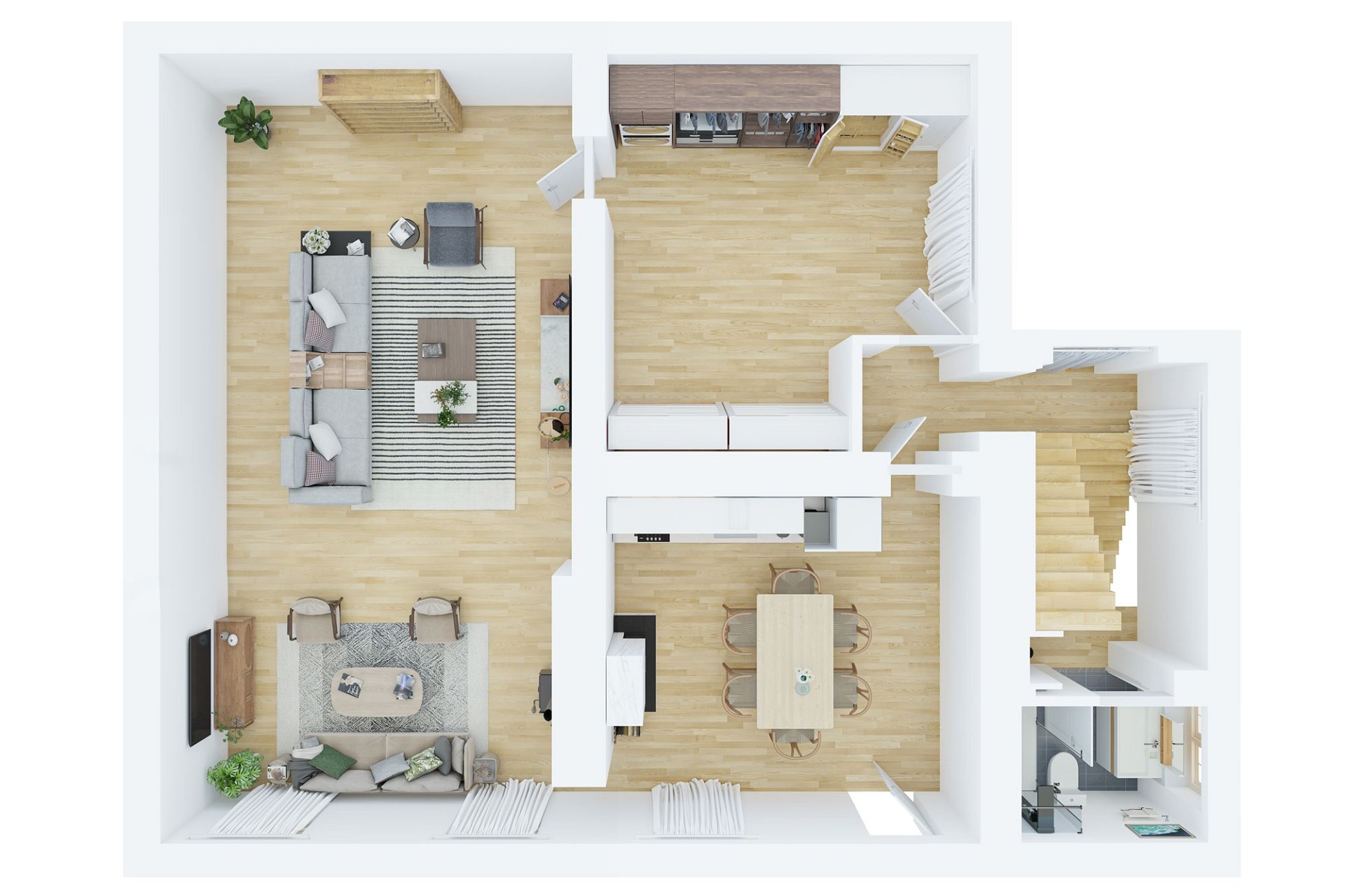 Grundriss einer Wohnung mit Wohn-, Ess- und Schlafbereichen