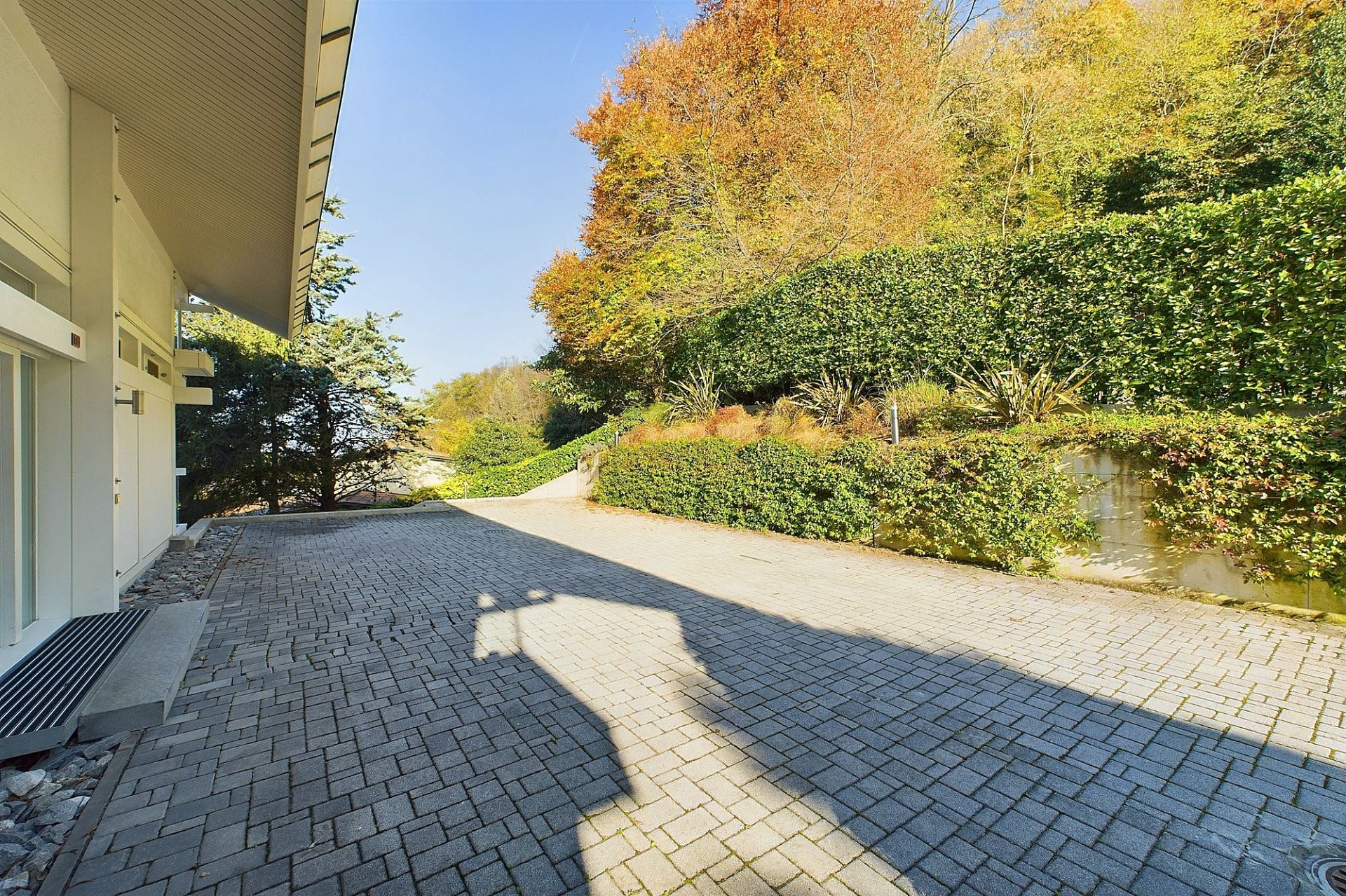 Außenbereich mit gepflasterter Zufahrt und Gartenhang