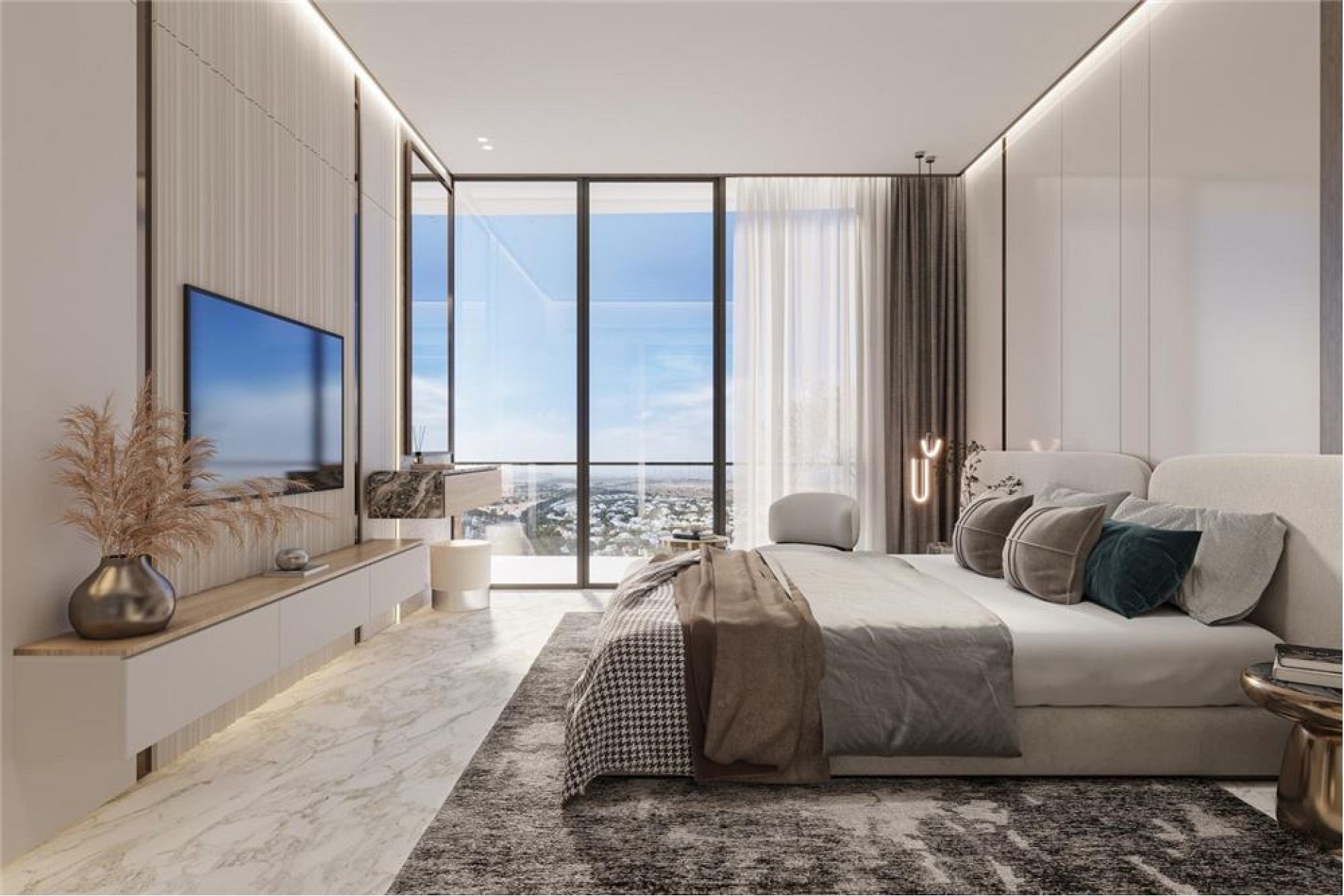Modernes Schlafzimmer mit Panoramafenster und Meerblick