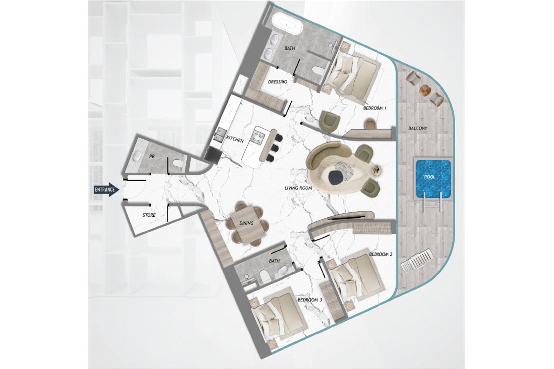 Grundriss einer Wohnung mit Balkon und Pool