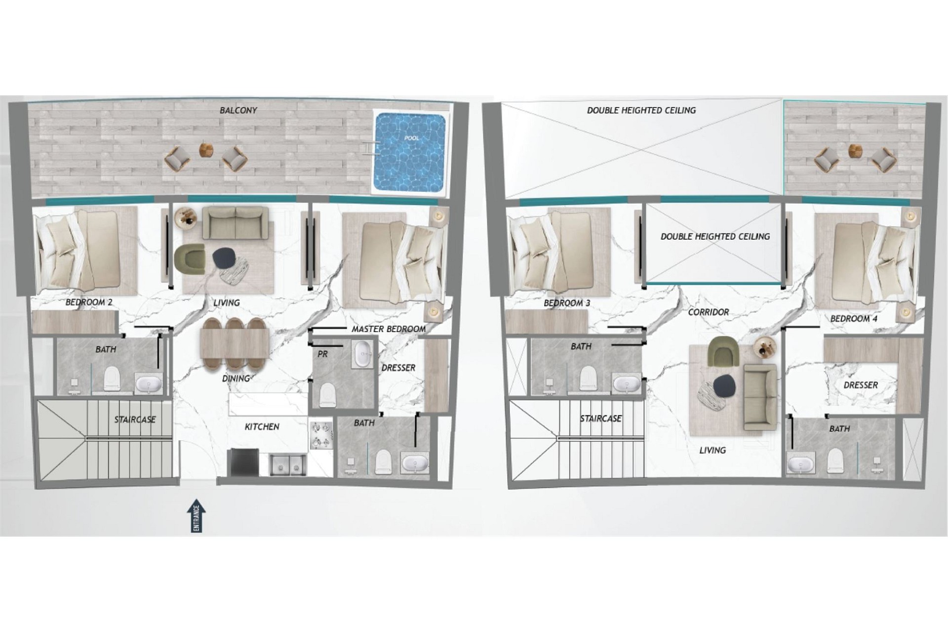 Grundriss mit Balkon, Pool und doppelgeschossigem Wohnbereich