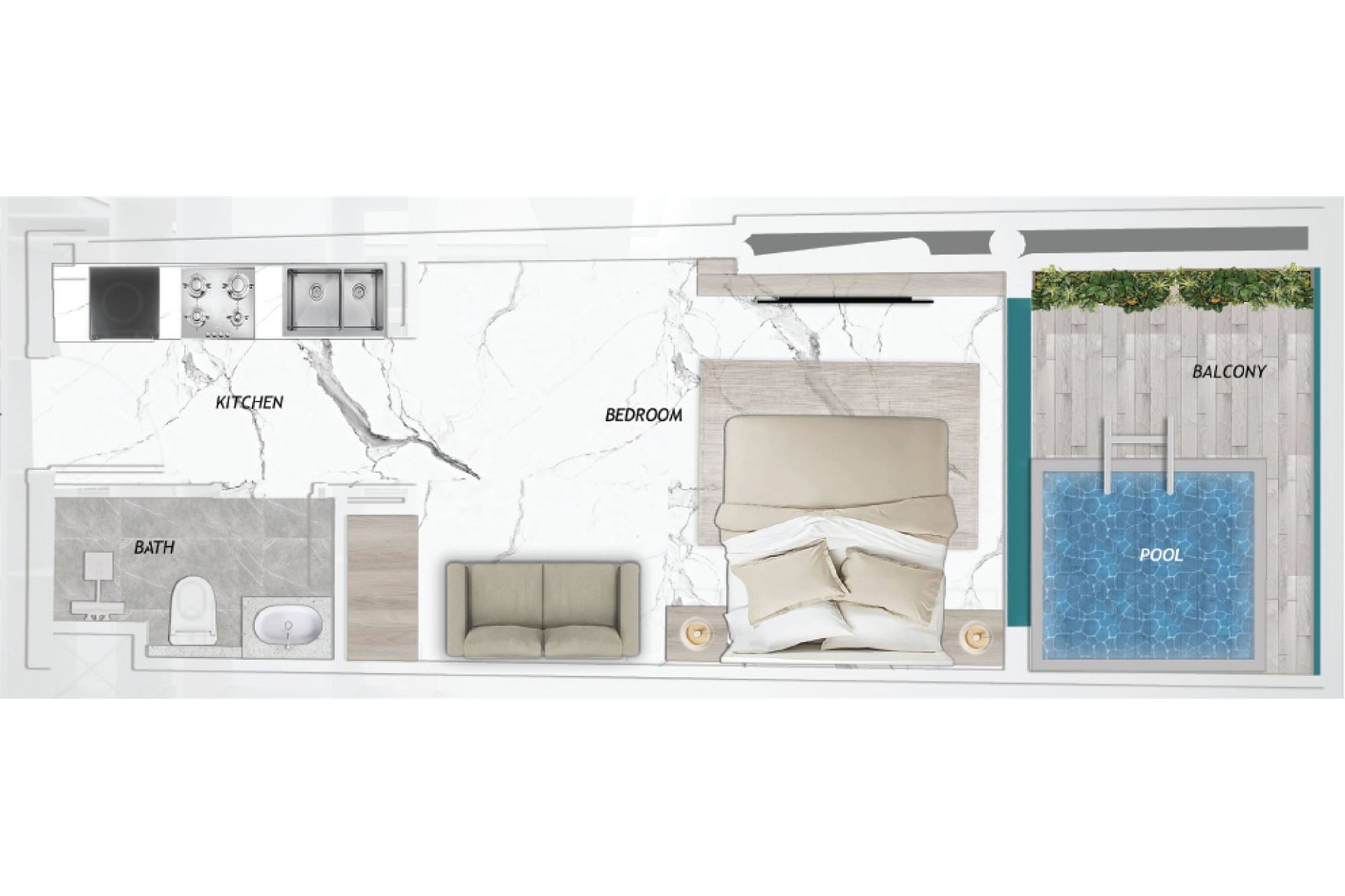 Grundriss einer kompakten Wohnung mit Schlafzimmer, Küche, Bad, Balkon und Poolbereich