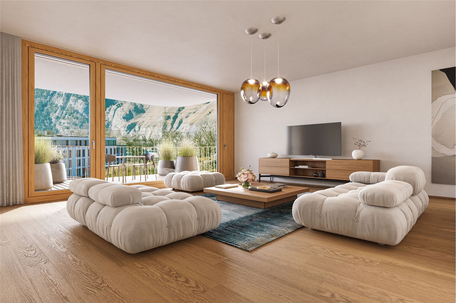 Helles Wohnzimmer mit Panoramafenstern