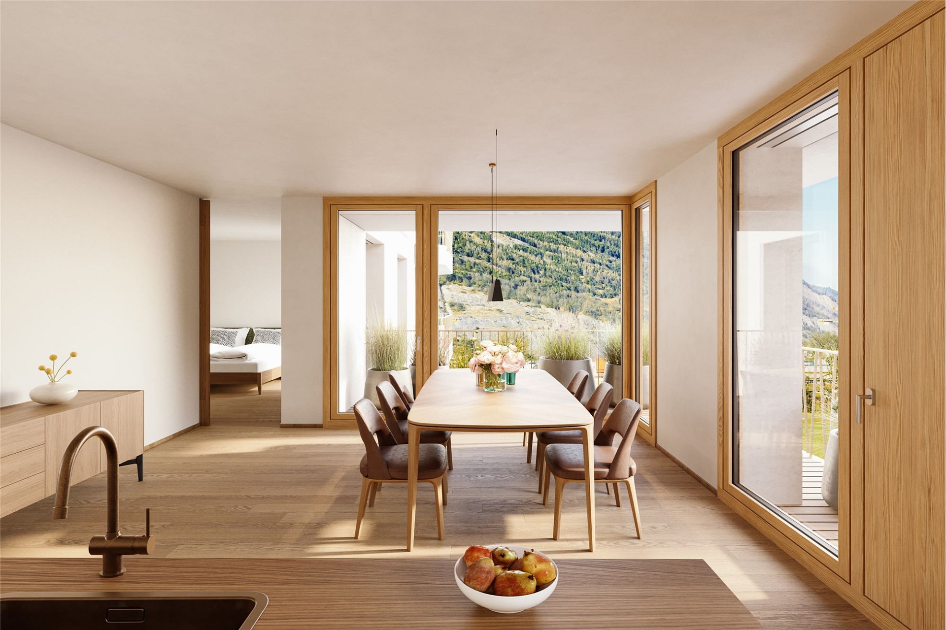 Offener Wohn- und Essbereich mit Bergblick