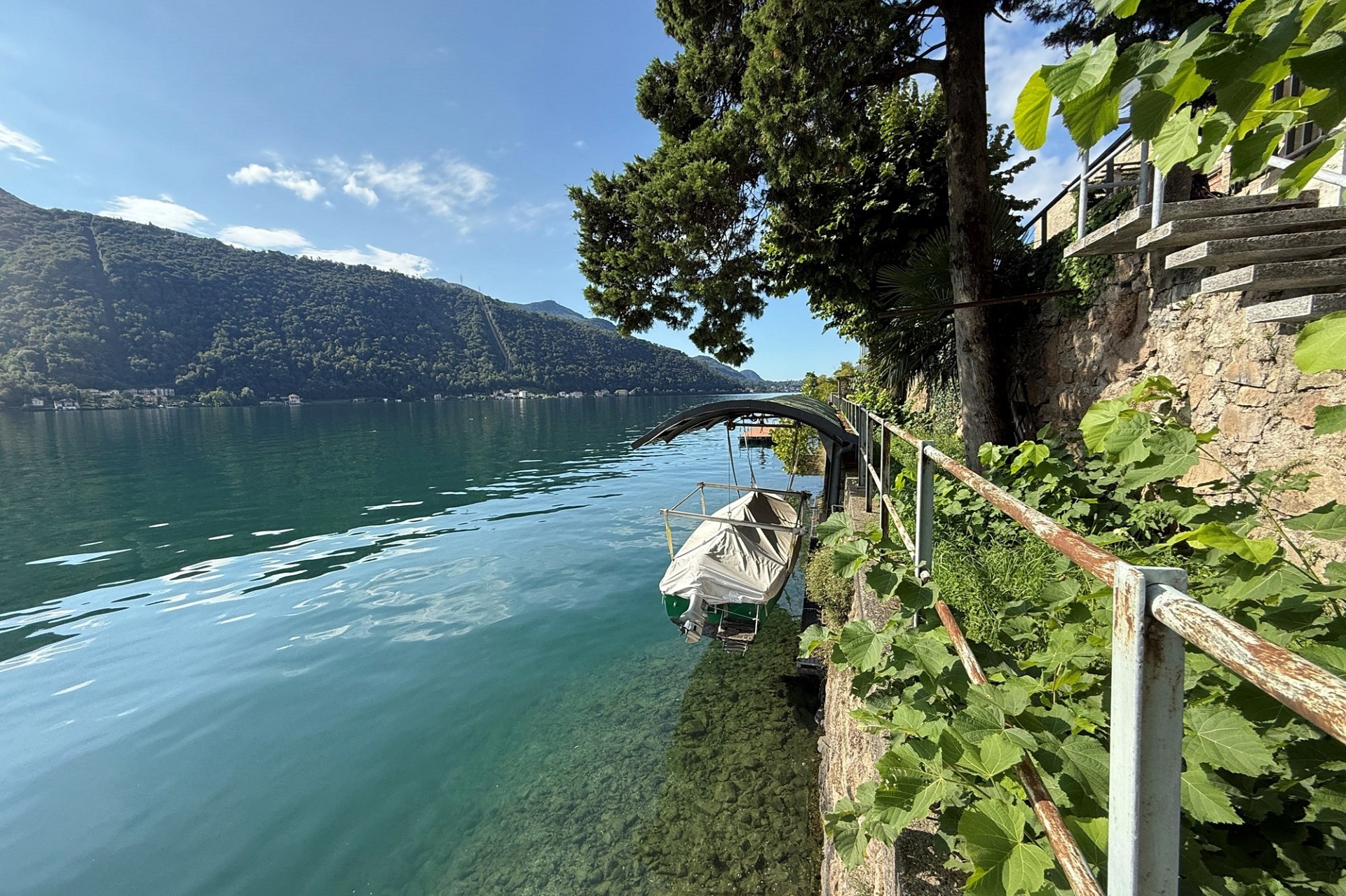 Uferblick mit Bootsanleger am See